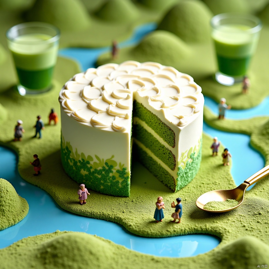 Miniature_photography,A fantastic microcosm world. In the center of the screen is a huge matcha cake, covered with thick white cream on the surface, which presents exquisite patterns. The main body of the cake is a green matcha cake layer, with distinct layers and fresh colors. Around the cake, there is a "ground" made of green powder, and there is a blue "river" on the ground, winding and flowing like a miniature landscape. There are several miniature dolls next to the river, dressed in different costumes. Some walk by the river, while others seem to interact, giving people a sense of vitality. On the right side of the screen, there is a golden spoon filled with green powder, as if preparing to sprinkle the powder on the cake. There is also a green drink and a white drink in the background, further enhancing the overall color matching and culinary atmosphere. Create a fairy tale like fantasy world, giving people a sweet, fresh, and imaginative visual experience.,Microphotography,a wonderful microscopic world
