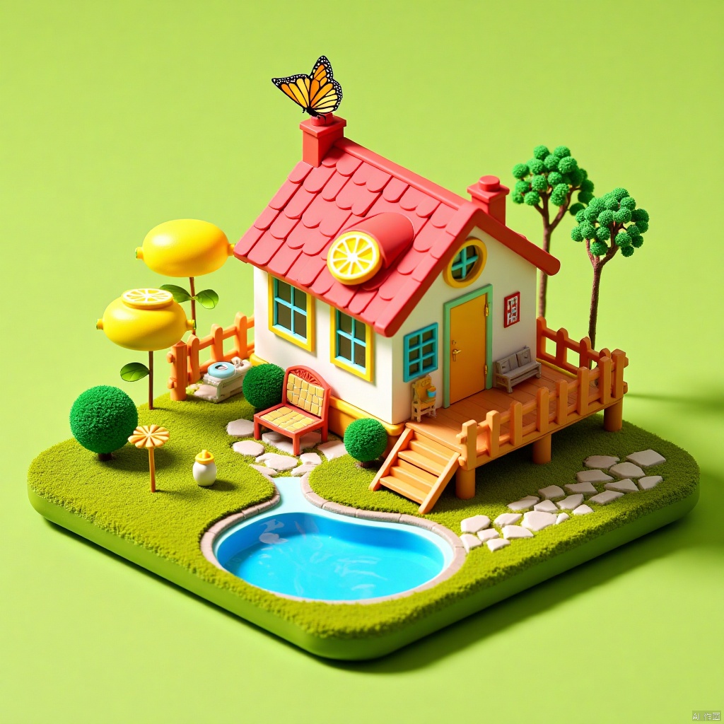 Miniature_photography,mx,3D cartoon style scene,mini-paint-house,butterfly,step,fence,stream,mini-paint-house,Miniature hand-painted lemonade,pool,Microphotography,a wonderful microscopic world