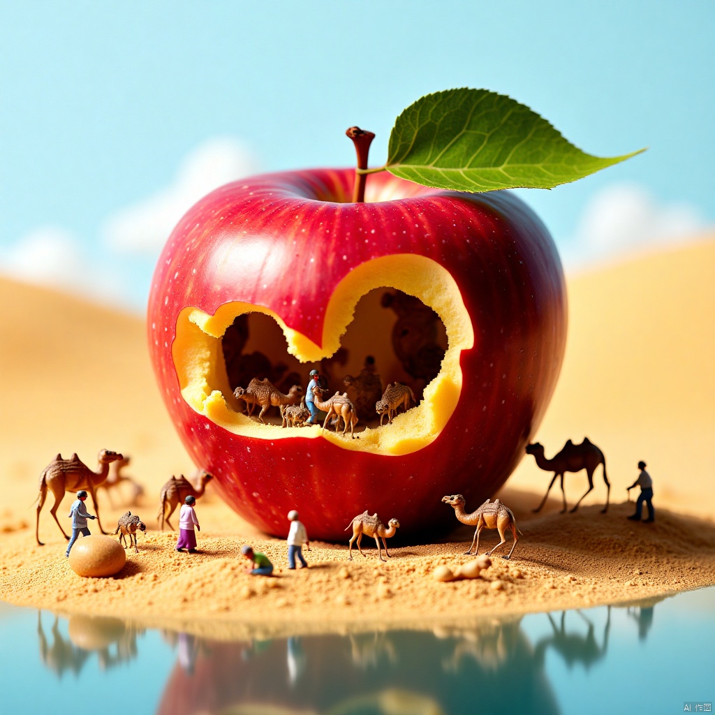 Miniature scenephotography,a huge red apple with a very real and delicate surface,with many ants drilling holes to build window houses. A big desert,with camels walking,cloudy blue sky. The ground is full of apple cores,and many people are walking, ultra-high quality photo realistic images,close-up macrophotography,vivo colors,delicate textures,peaceful atmosphere,naturallight,and clear reflection of water surface..,Microphotography,a wonderful microscopic world