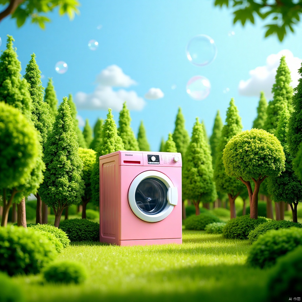 A huge washing machine is placed in the center of the forest,surrounded by various trees. The washing machine has a modern appearance,bright colors,and a sharp contrast with the natural environment. The overall picture gives a fresh and harmonious feeling,with a balanced and beautiful spatial layout. The shallow depth of field effect highlights the center position of the washing machine,while the sky is a calm blue with floating bubbles,adding a peaceful atmosphere. High definition photos,high-quality images,delicate textures,realistic lighting,peaceful forest environment,bright colors,shallow depth of field,peaceful sky,balanced composition.,.,Microphotography,a wonderful microscopic world