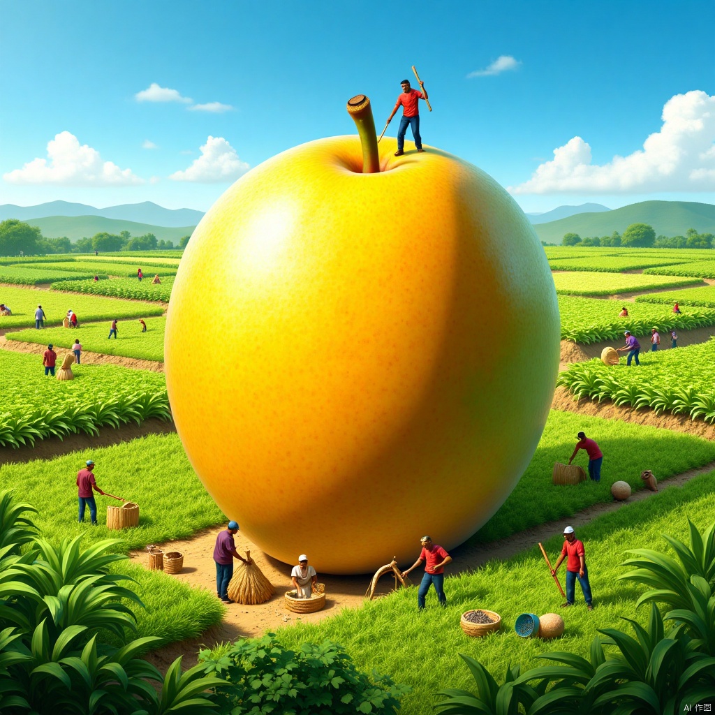 A giant mango takes the center stage with its delicate texture and bright yellow color,surrounded by a vast expanse of farmland where lush crops sway gently with the breeze. Numerous farmers are seen working diligently in the fields,some harvesting while others wield their hoes,showcasing the essence of hard work. The sky is a clear blue with a few white clouds drifting lazily,adding a sense of tranquility and harmony to the entire scene. High resolution photo,macro photography,vivid colors,detailed textures,bustling activity,serene landscape,clear sky.,,Microphotography,a wonderful microscopic world