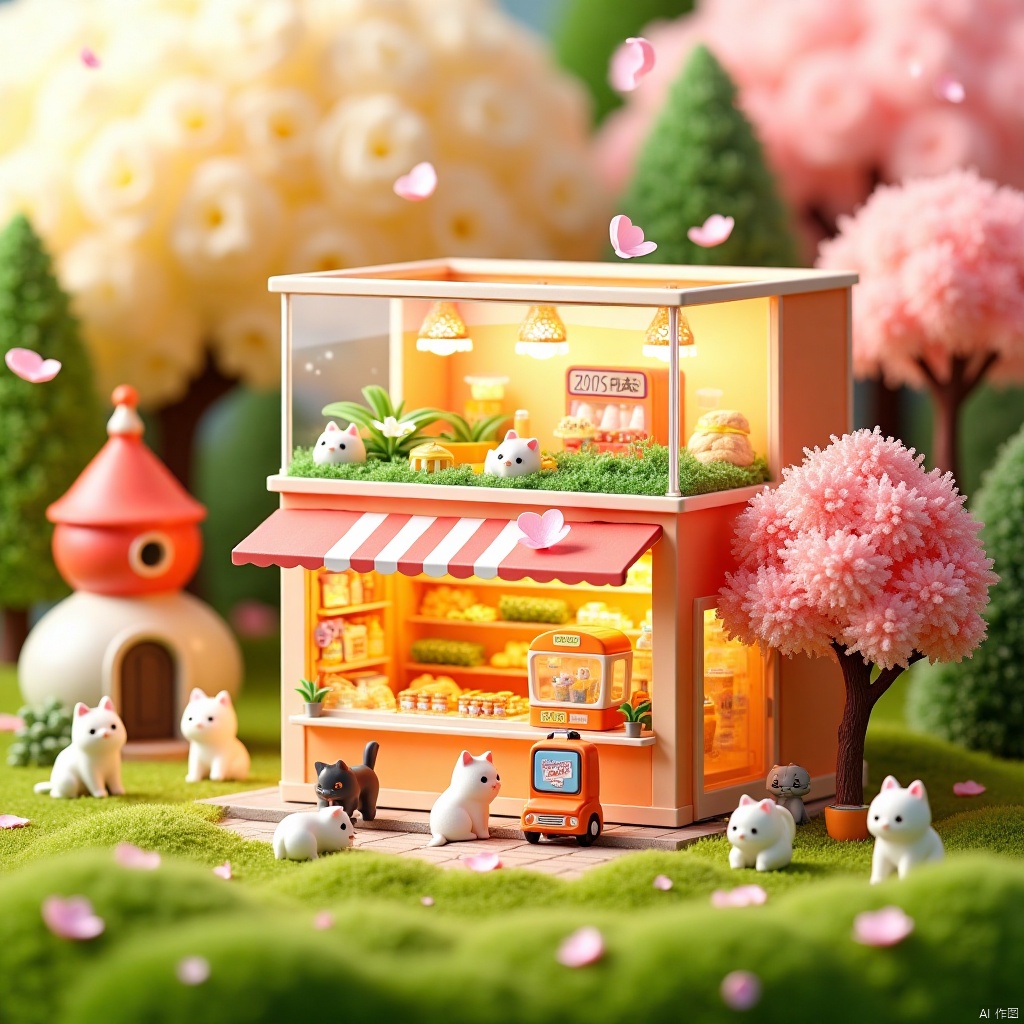 国富家强,,hanzi,Microphotography,a wonderful microscopic world,Miniature_photography,A fantastic microcosm world. A cute scene called 'convenience store'. The center of the screen is a two-story small shop building, with an overall shape resembling a large square box. The upper layer is a transparent glass box with some green plants and decorations inside, with the words "2025" pasted on the box, creating a New Year atmosphere. The lower level is an orange box filled with various goods, including snacks, drinks, toys, and several egg twisting machines, full of childlike fun. The environment around the convenience store is also very warm, with green grass on the ground scattered with petals, and a pink cherry blossom tree next to it, adding a romantic atmosphere. There are also several cute little cats in the picture, some busy in the convenience store, some playing outside, the whole scene is full of vitality and energy. Vibrant colors and rich details create a warm and joyful world through cute cats and playful small shops, giving people a relaxed and pleasant feeling.