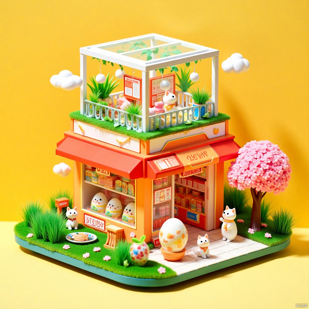 国富家强,,hanzi,Microphotography,a wonderful microscopic world,Miniature_photography,A fantastic microcosm world. A cute scene called 'convenience store'. The center of the screen is a two-story small shop building, with an overall shape resembling a large square box. The upper layer is a transparent glass box with some green plants and decorations inside, with the words "2025" pasted on the box, creating a New Year atmosphere. The lower level is an orange box filled with various goods, including snacks, drinks, toys, and several egg twisting machines, full of childlike fun. The environment around the convenience store is also very warm, with green grass on the ground scattered with petals, and a pink cherry blossom tree next to it, adding a romantic atmosphere. There are also several cute little cats in the picture, some busy in the convenience store, some playing outside, the whole scene is full of vitality and energy. Vibrant colors and rich details create a warm and joyful world through cute cats and playful small shops, giving people a relaxed and pleasant feeling.