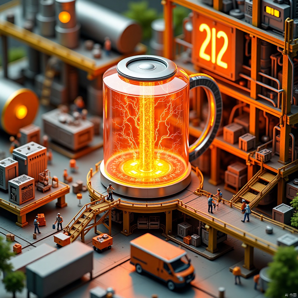 Miniature_photography,A fantastic microcosm world. A scene full of technology and industrial style, showcasing a fantastic factory scene. At the center of the screen is a huge transparent cylindrical hot water kettle device, with energy flowing inside, presenting an orange red lightning light, giving people a high-tech feeling. The cylindrical device is surrounded by a complex industrial environment with various mechanical devices, pipelines, conveyor belts, and stairs, with exquisite layout and rich details. You can see some miniature figures busy working in the factory, some operating machines, some moving goods, as if carrying out some kind of precise production process. There is a large "12.12" in the background, which may be the name of this factory or device. The overall color scheme is dominated by orange, yellow, and gray, creating a warm and technological atmosphere. This illustration constructs an imaginative industrial world through miniature scenes and rich details, giving people a desire for novelty and exploration, as if they were in a futuristic technology factory..,,Microphotography,a wonderful microscopic world