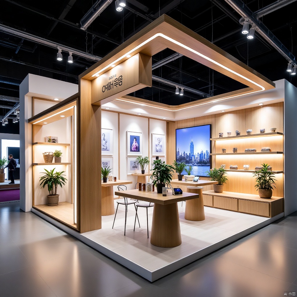 科技风展览空间设计,手机的现代展台。展台采用银灰色金属材质,搭配蓝色霓虹灯线条,呈现未来感。中央摆放着最新款电子设备,四周悬挂大幅宣传海报。高清纪实摄影,整体构图平衡,色彩鲜明。,Modern booth