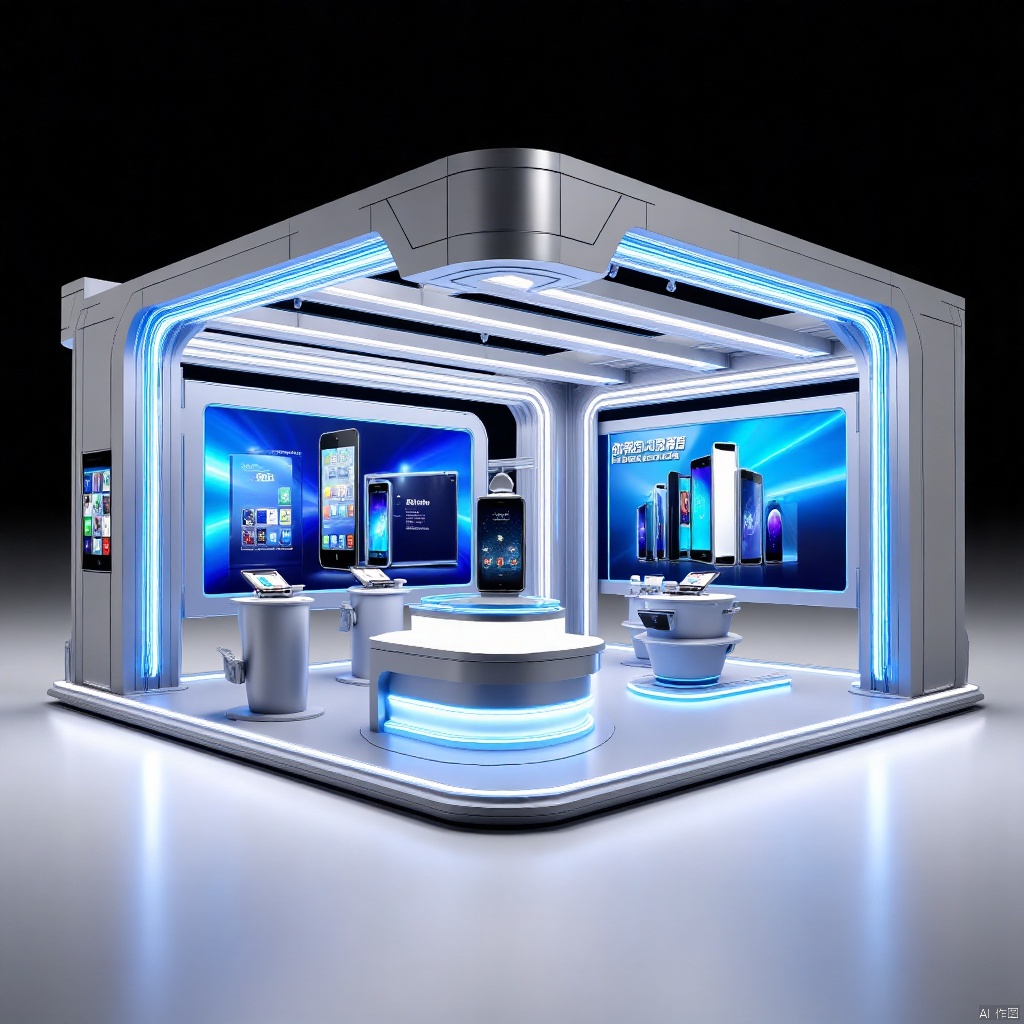 Technology-style exhibition space design, modern booth for mobile phones. The booth is made of silver-gray metal and matched with blue neon lines to present a futuristic feel. The latest electronic devices are placed in the center, and large promotional posters are hung around them. High-definition documentary photography, the overall composition is balanced and the colors are bright. ,Modern booth