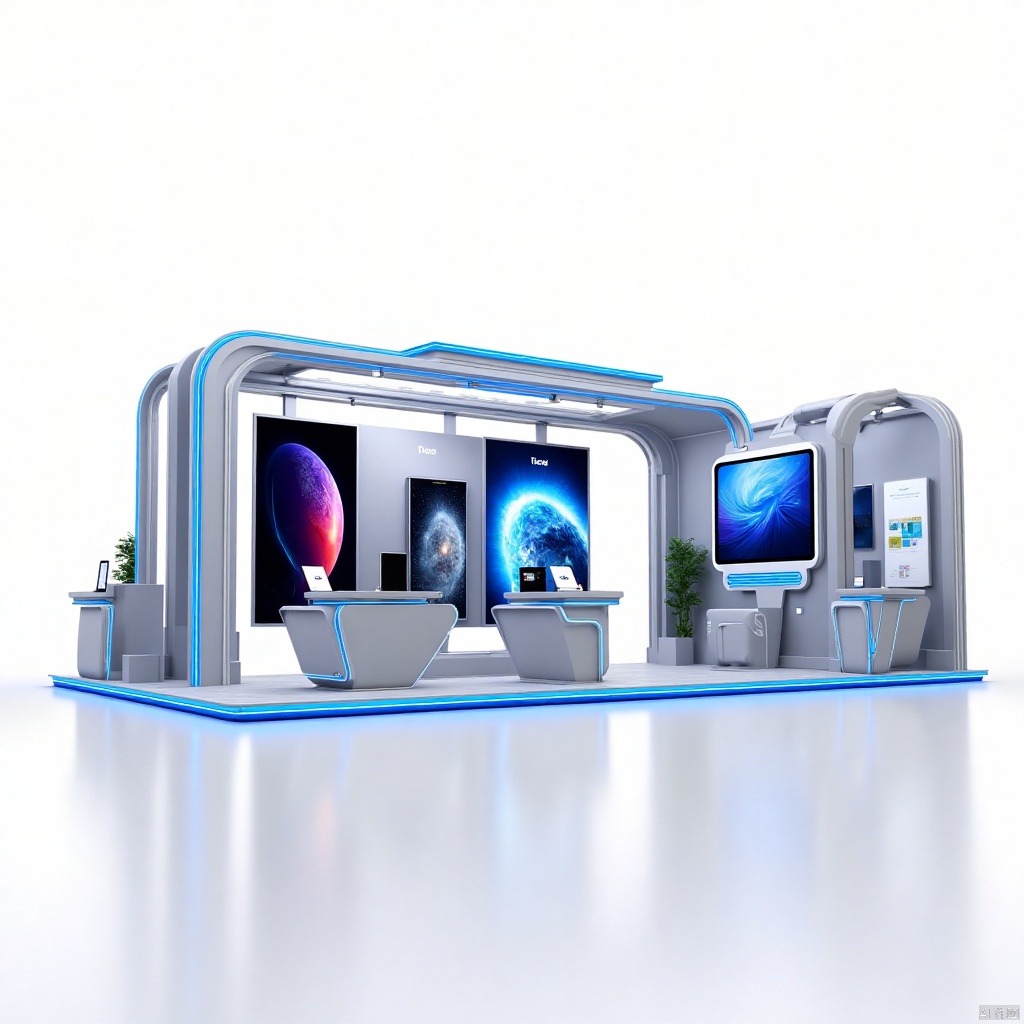 Modern booth, cellphone, technology style exhibition space design, modern booth. The booth is made of silver-gray metal and matched with blue neon lines to present a futuristic feel. The latest electronic devices are placed in the center, and large promotional posters are hung around them. Background white. High-definition documentary photography, the overall composition is balanced and the colors are bright.