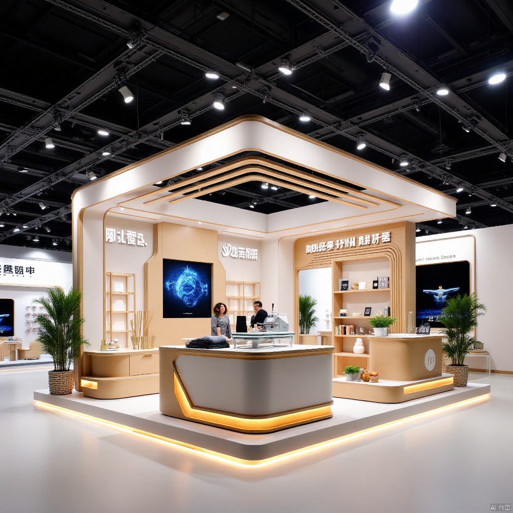 科技风展览空间设计,手机的现代展台。展台采用银灰色金属材质,搭配蓝色霓虹灯线条,呈现未来感。中央摆放着最新款电子设备,四周悬挂大幅宣传海报。高清纪实摄影,整体构图平衡,色彩鲜明。,Modern booth