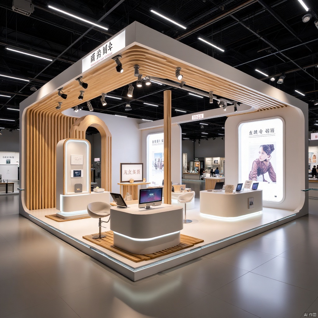 科技风展览空间设计,现代展台。展台采用银灰色金属材质,搭配蓝色霓虹灯线条,呈现未来感。中央摆放着最新款电子设备,四周悬挂大幅宣传海报。高清纪实摄影,整体构图平衡,色彩鲜明。,Modern booth