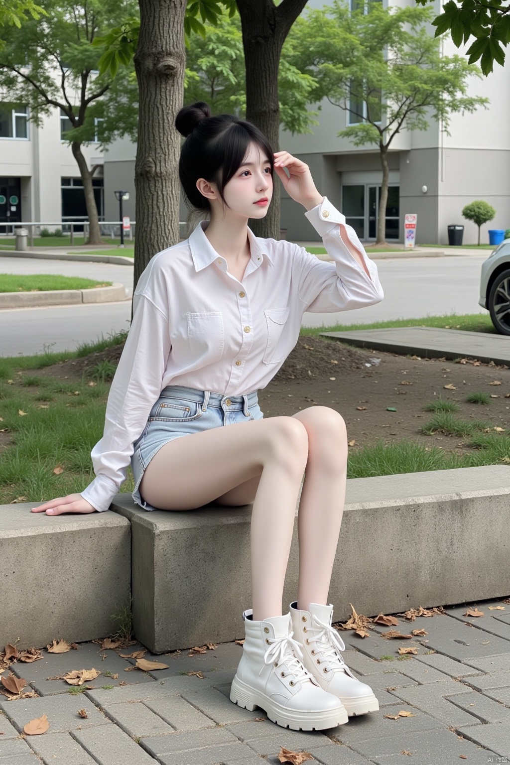 1girl,short hair,shirt,black hair,navel,sitting,white shirt,boots,outdoors,shorts,midriff,hair bun,tree,short shorts,single hair bun,white footwear,denim,building,denim shorts,road,bench