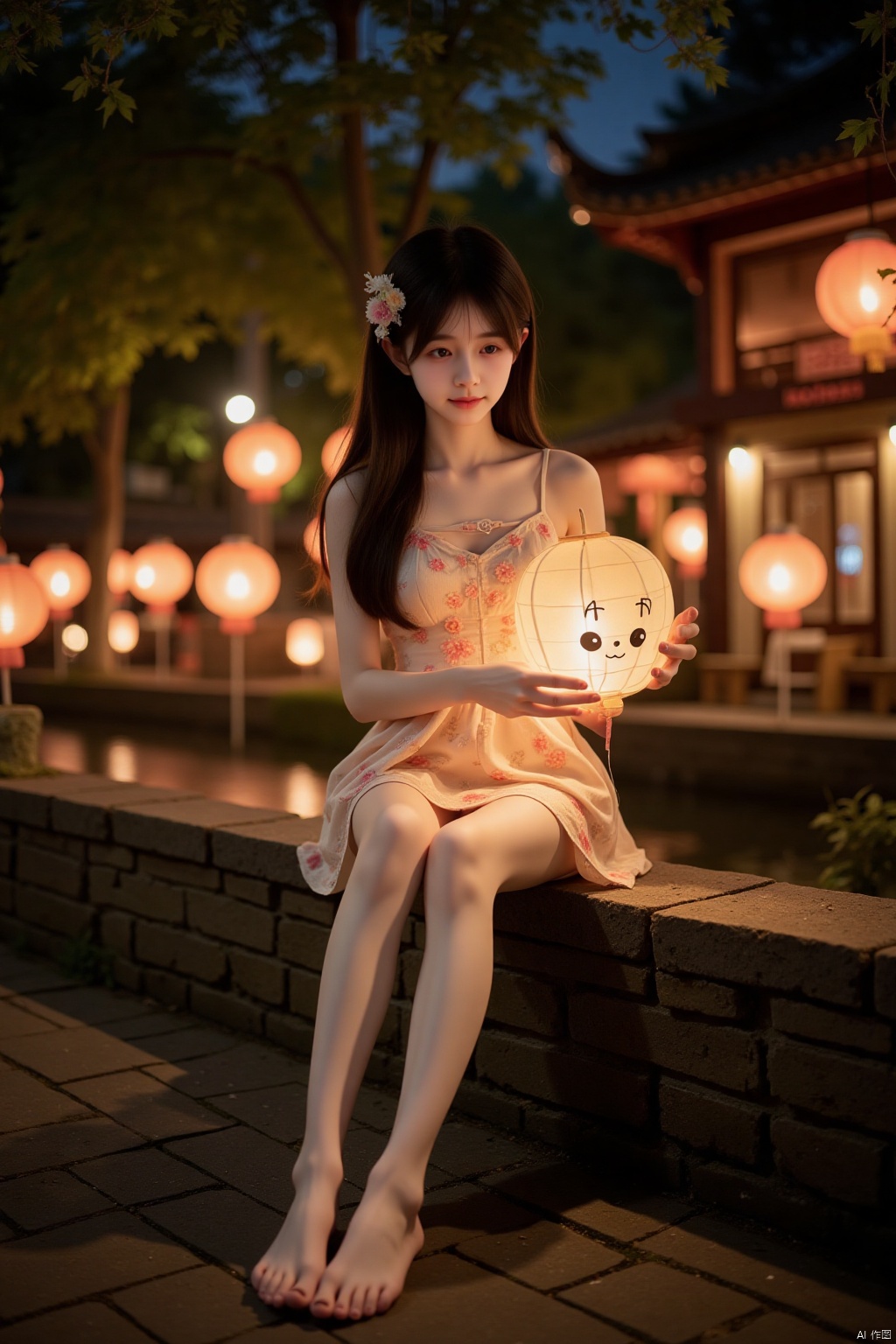 In the soft glow of the lantern-lit night, a young Asian girl sits gracefully on a stone bench. She is wearing a mini dress with delicate floral patterns, her bare legs and feet peeking out charmingly. Her feet are bare, and her toes curl slightly as she plays with a small animal paper lantern in her hands. Her long, straight black hair cascades down her back, framing her delicate features. She wears a traditional mask that adds a touch of mystery. The lantern casts a warm light on her, highlighting her playful expression. The camera captures her from a low angle, framing her entire body against the backdrop of twinkling lanterns and ancient architecture. The focus is on her bare feet and the lantern, creating a whimsical and enchanting atmosphere.