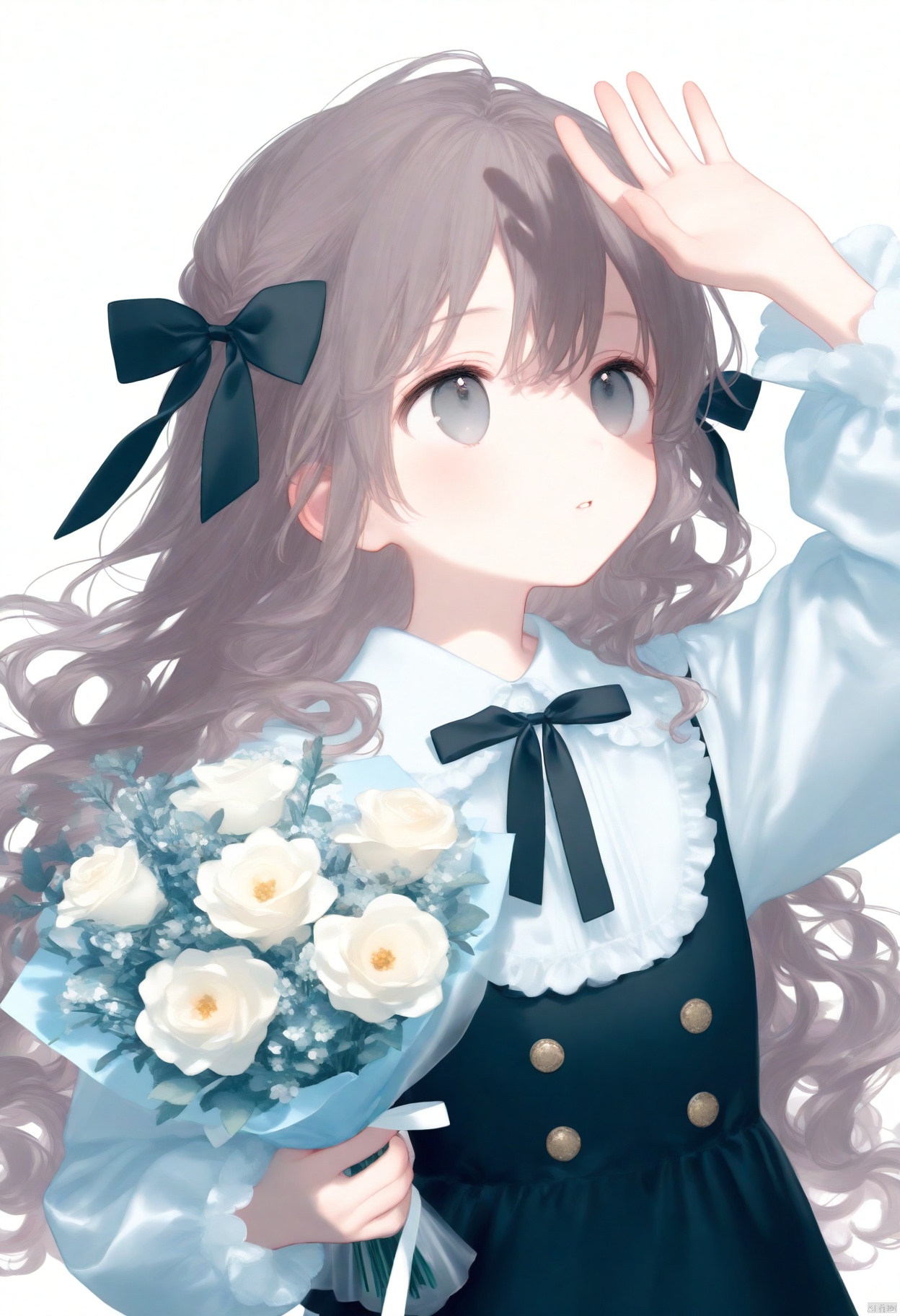 1girl, bouquet, solo, flower, holding bouquet, long hair, holding, long sleeves, shirt, brown hair, looking up, dress, white shirt, frills, white flower, shading eyes, rose, white rose, hair bow, black dress, bow, parted lips, grey eyes, collared shirt, ribbon, arm up, puffy long sleeves, black bow, simple background, wavy hair, holding flower, puffy sleeves, frilled shirt collar, white background, watermark, buttons, hair between eyes, cowboy shot, hair ribbon, looking afar, frilled dress, standing, pinafore dress, sleeveless dress, hand up, artist name
