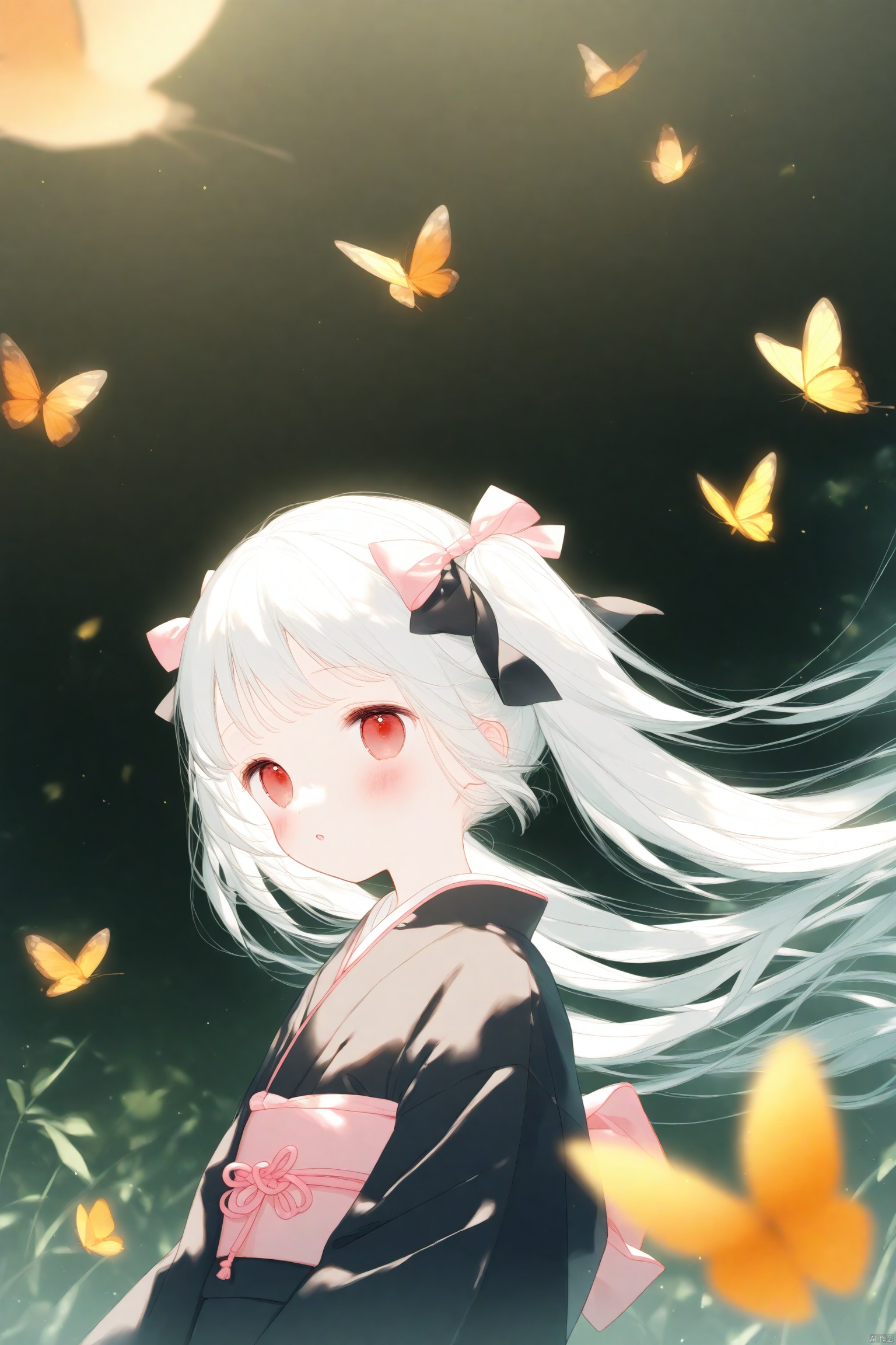 1girl, solo, long hair, looking at viewer, blush, bangs, red eyes, long sleeves, bow, twintails, very long hair, upper body, white hair, hair bow, parted lips, japanese clothes, kimono, blurry, :o, black dress, black bow, floating hair, depth of field, animal, bug, pink bow, butterfly, black kimono