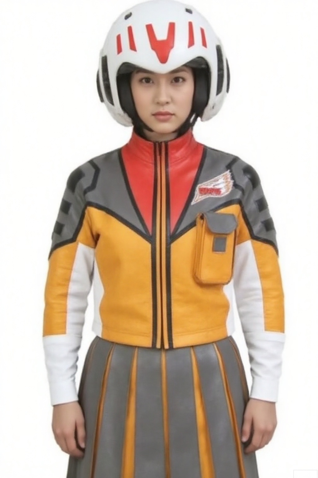 masterpiece, best quality,solo,(white background:1.2),simple background,
looking at viewer,GUYS,helmet,collar,belt,logo,uniform,jacket,skirt,gloves,boots,emblem,orange jacket,grey skirt,orange jacket with grey and white line,orange jacket with red collar,grey skirt with orange line