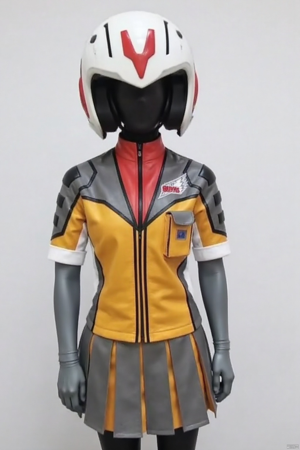 GUYS,helmet,collar,belt,logo,uniform,jacket,skirt,gloves,boots,emblem,orange jacket,grey skirt,orange jacket with grey and white line,orange jacket with red collar,grey skirt with orange line