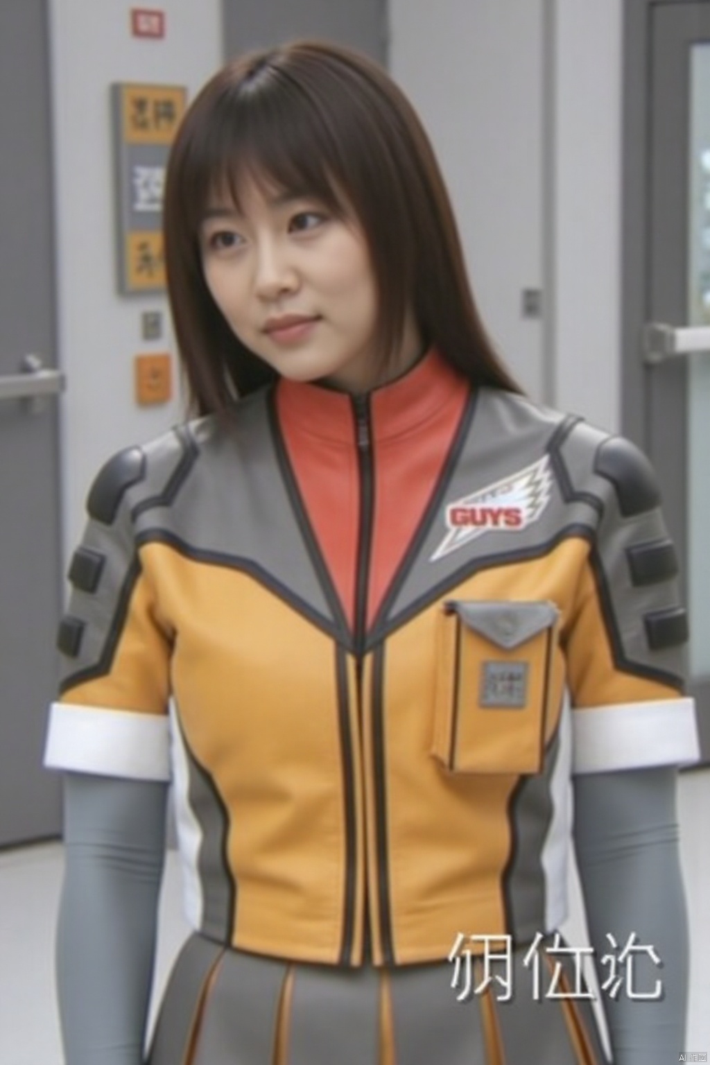 GUYS,helmet,collar,belt,logo,uniform,jacket,skirt,gloves,boots,emblem,orange jacket,grey skirt,orange jacket with grey and white line,orange jacket with red collar,grey skirt with orange line