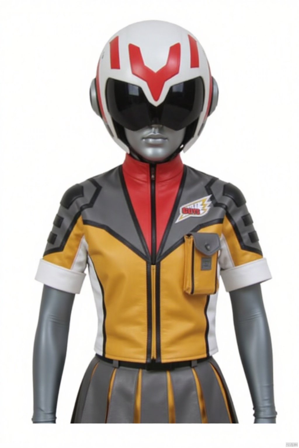 GUYS,helmet,collar,belt,logo,uniform,jacket,skirt,gloves,boots,emblem,orange jacket,grey skirt,orange jacket with grey and white line,orange jacket with red collar,grey skirt with orange line