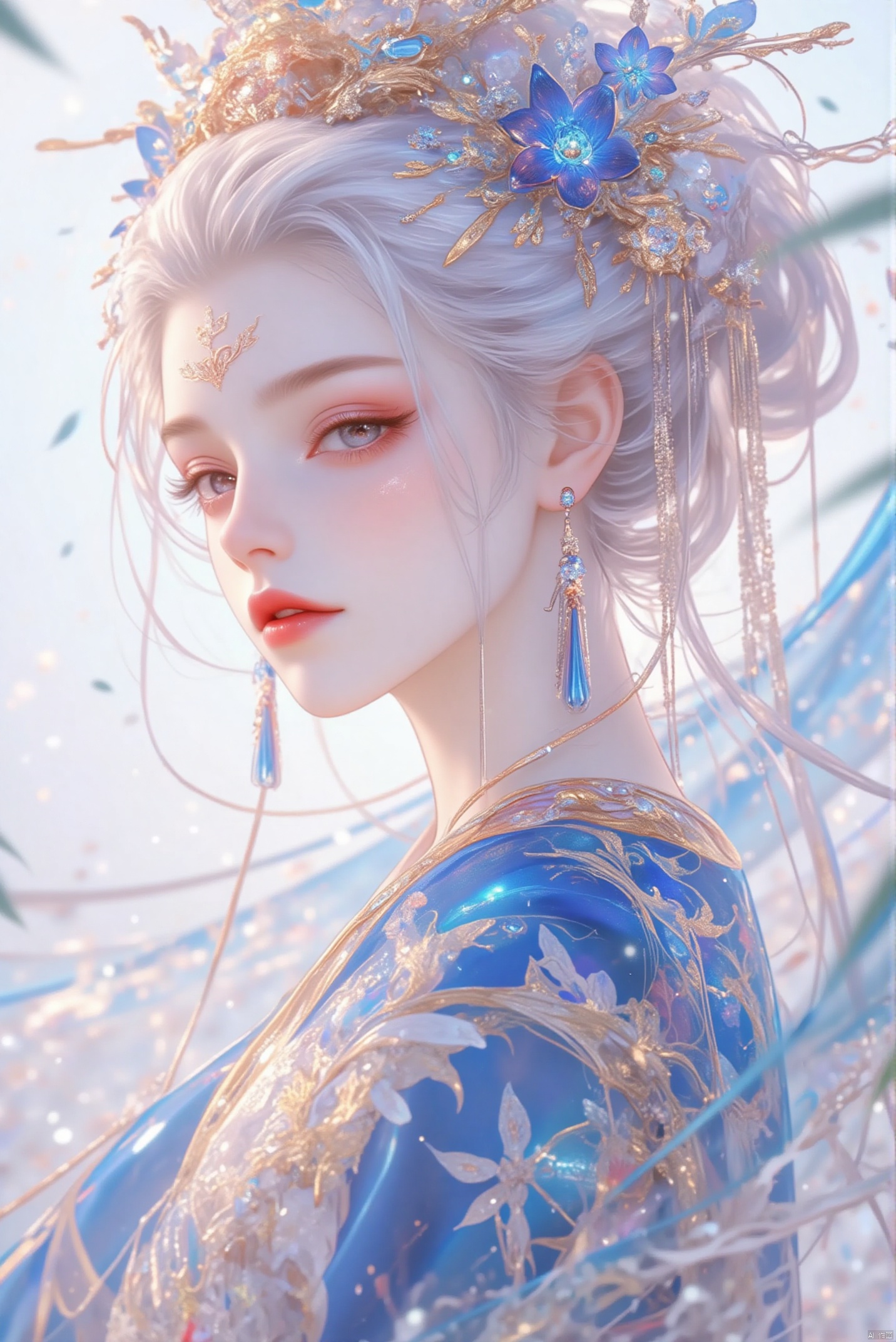 1girl, solo, long hair, white hair, hair ornament, long sleeves, jewelry, closed mouth, closed eyes, upper body, flower, earrings, facial mark, blue hanfu, plant, from side, forehead mark,Dew shoulder