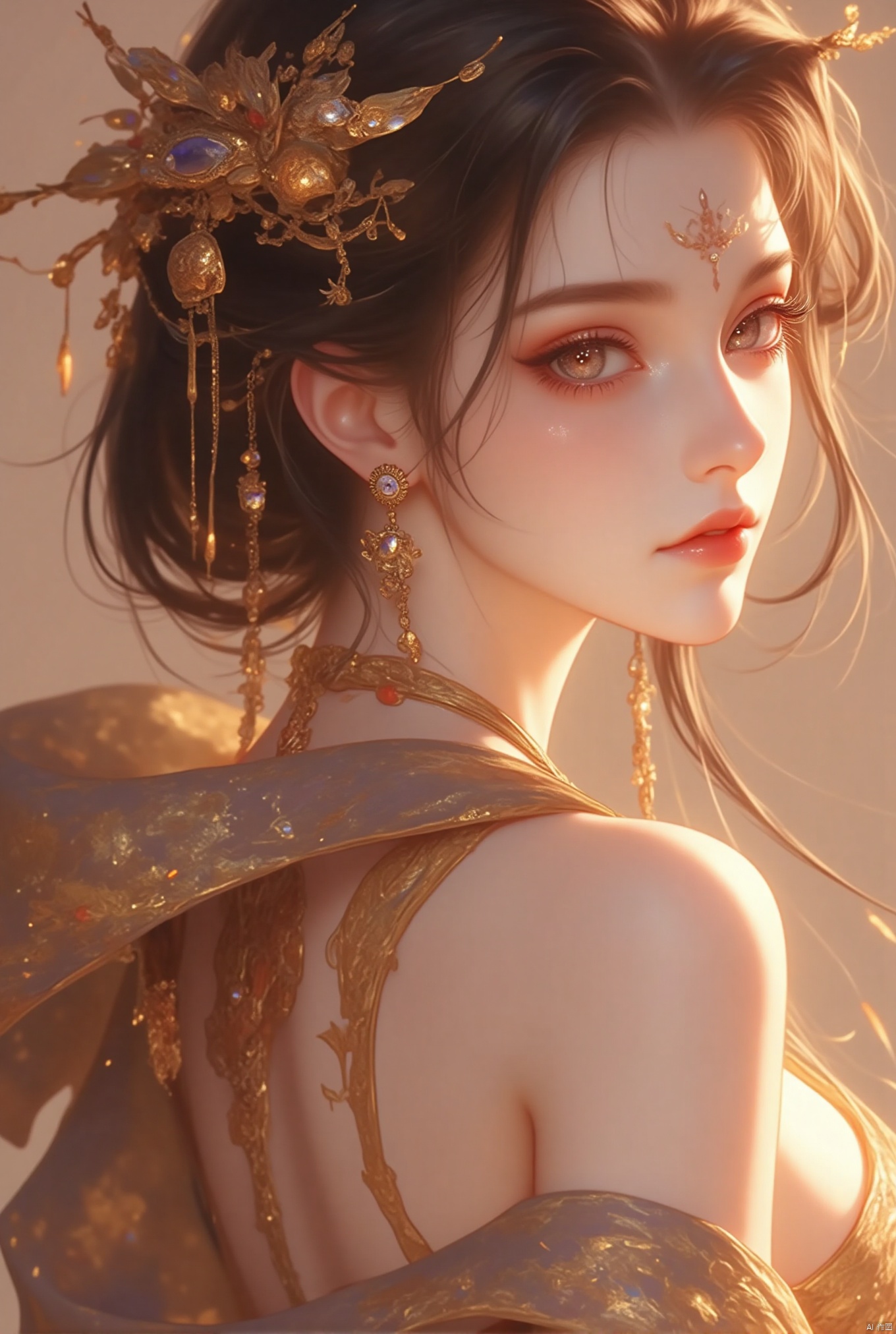 1girl, solo, long hair, looking at viewer, brown hair, hair ornament, brown eyes, jewelry, closed mouth, earrings, indoors, from side, eyelashes, facial mark, reveal/show one's back