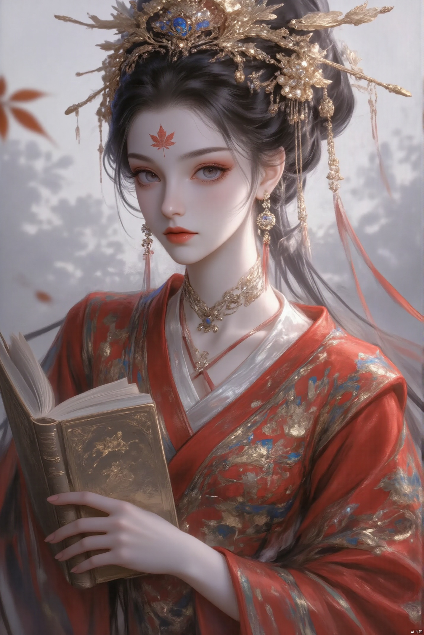 1girl, solo, long hair, looking at viewer, black hair, hair ornament, long sleeves, holding, jewelry, upper body, flower, earrings, blurry, book, leaf, facial mark, chinese clothes, forehead mark, realistic, red lips, maple leaf, hanfu