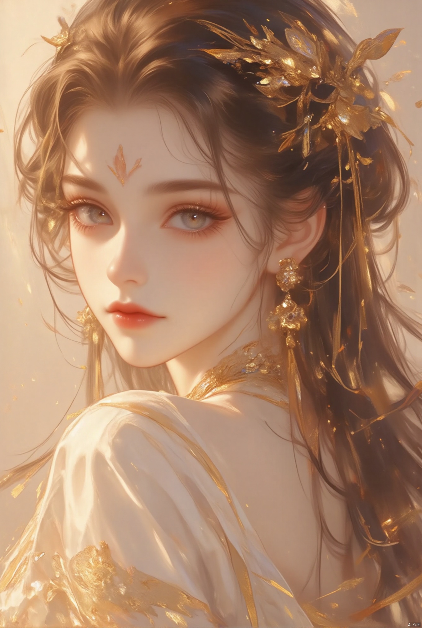 1girl, solo, long hair, looking at viewer, brown hair, hair ornament, brown eyes, jewelry, closed mouth, earrings, indoors, from behind,from side, eyelashes, facial mark, reveal/show one's back,Show waist.