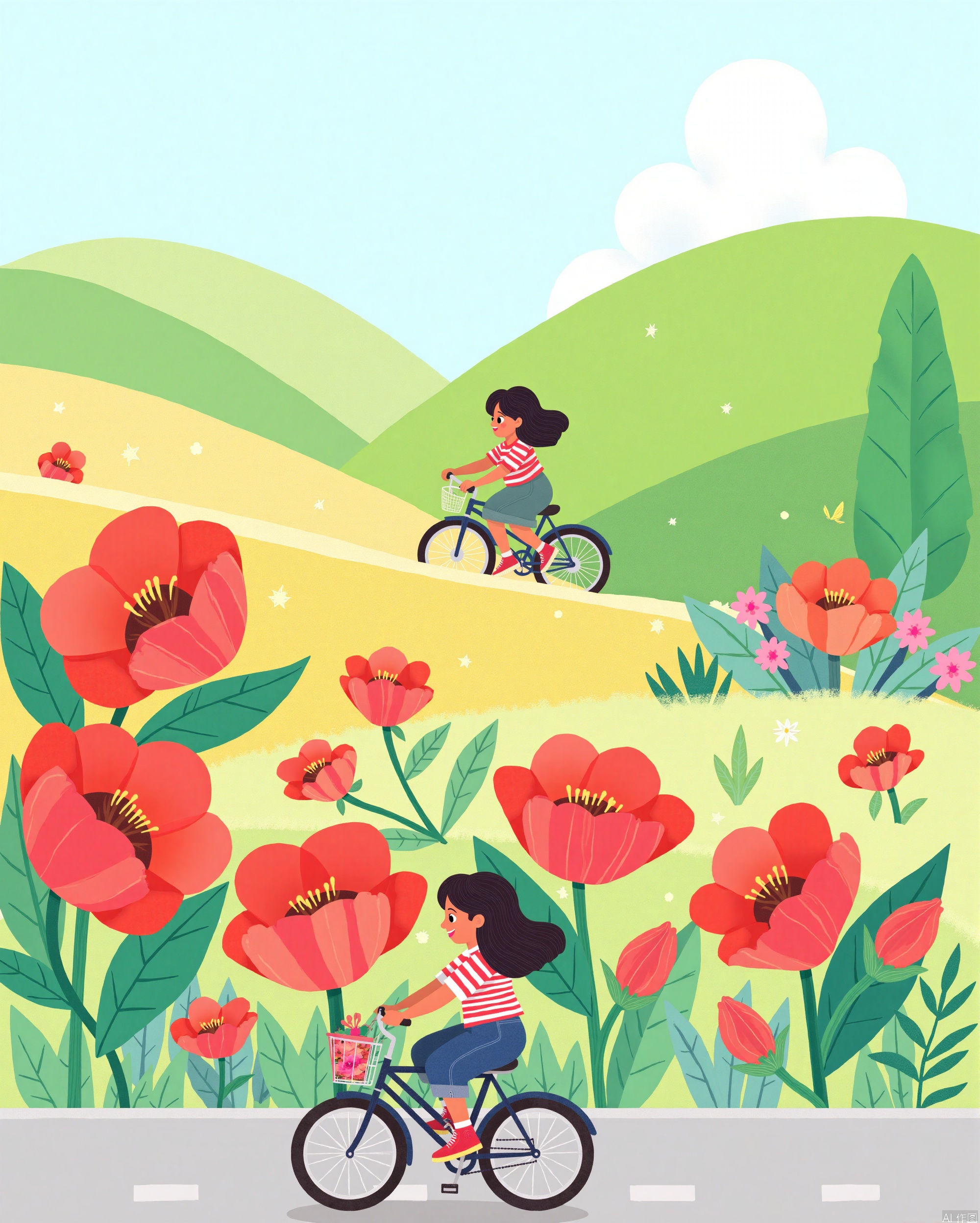 An animated image of a woman riding a bicycle. The woman is wearing a red and white striped shirt with long black hair. The bicycle is black. There are large red flowers on the left and right side of the image. There is a yellow wall behind the woman on the right. The sky above the hill has a large white cloud in it.