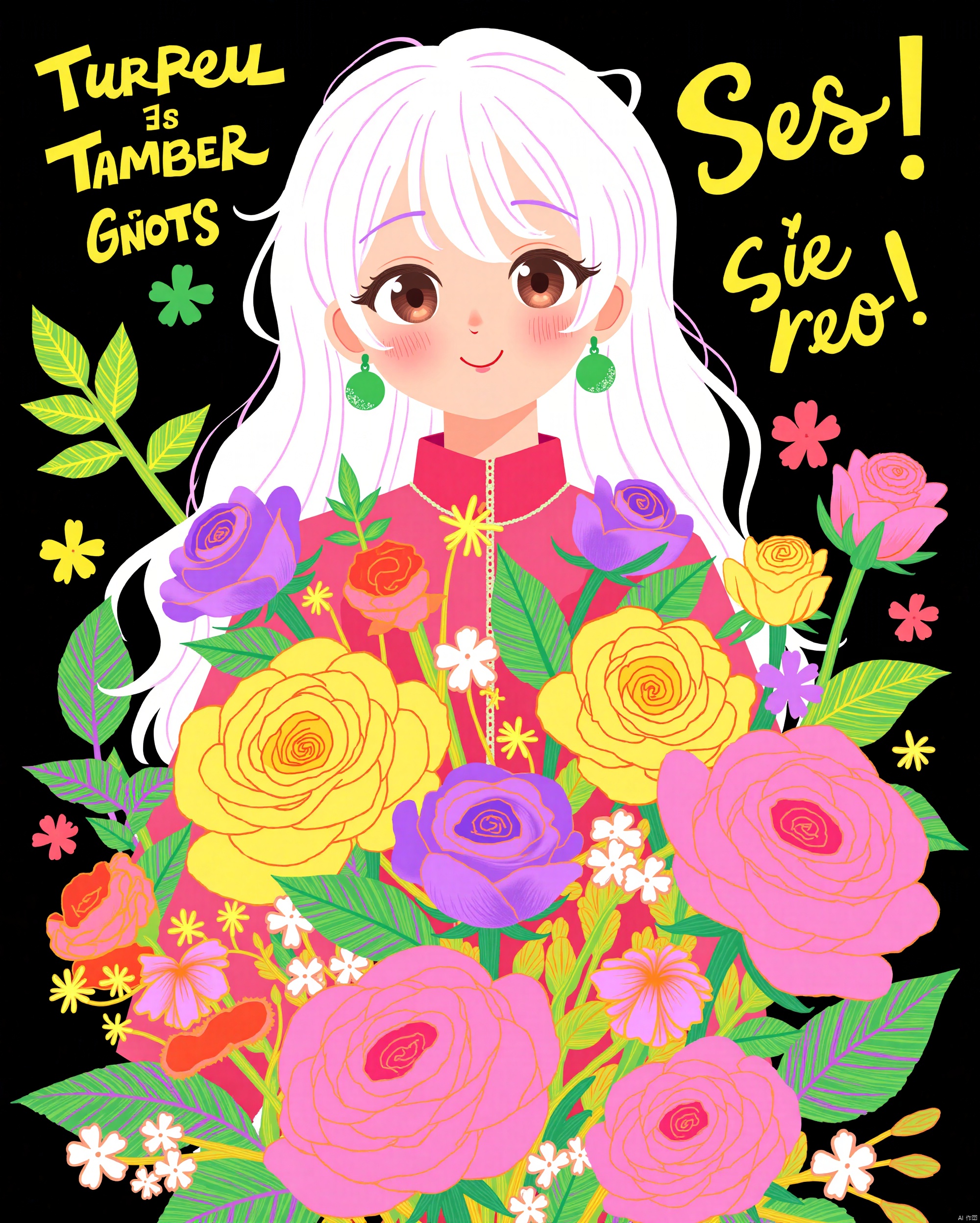 An animated image of a woman with long white hair and green earrings. The woman is surrounded by a variety of colorful flowers

including a yellow rose

a pink rose

and a purple rose. The background is black

and there are words written in green

yellow

and pink. The word "Ses!" is written in yellow letters on the right side of the image.