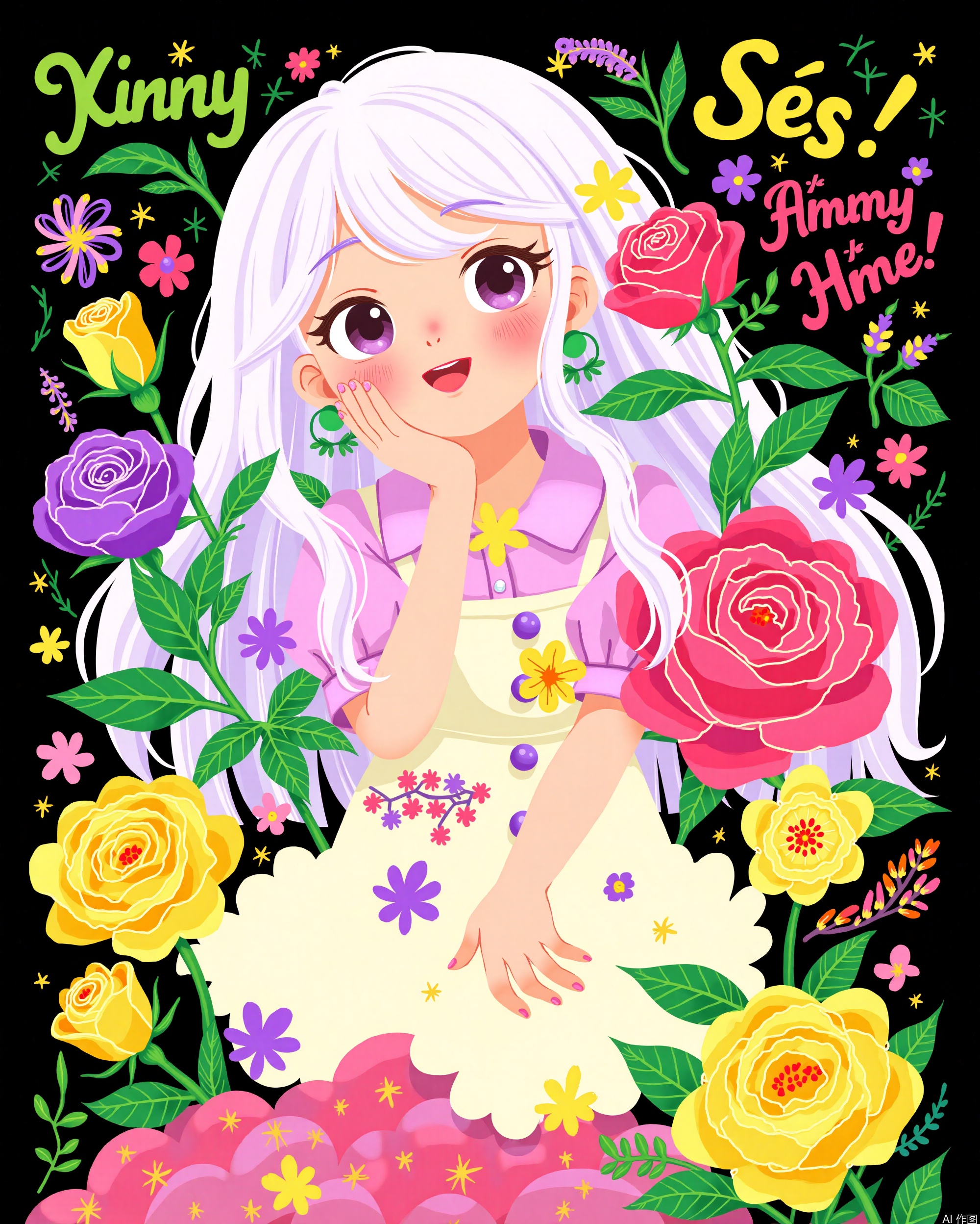 An animated image of a woman with long white hair and green earrings. The woman is surrounded by a variety of colorful flowers

including a yellow rose

a pink rose

and a purple rose. The background is black

and there are words written in green

yellow

and pink. The word "Ses!" is written in yellow letters on the right side of the image.
