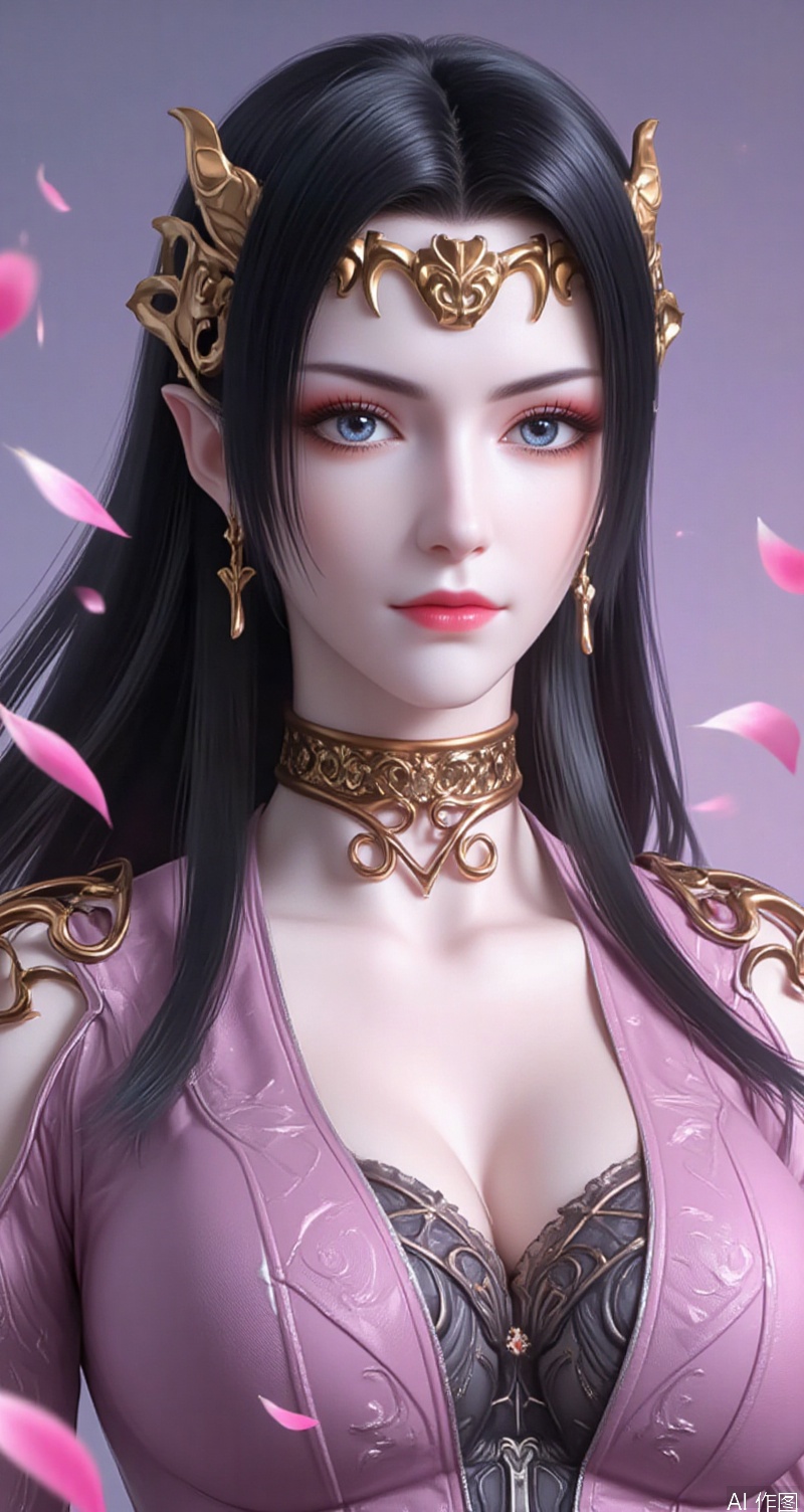 baoshi,lvjing,lvjing,meidusha,black hair,long hair,grey eyes,fair_skin,headpiece,pointy_ears,1girl,solo,breasts,looking at viewer,large breasts,cleavage,jewelry,closed mouth,collarbone,upper body,earrings,lips,petals,stairs,boa hancock,shirt,plunging_neckline,deep v-neck,cover,simple background,gradient_background,Close-up details,outstanding style,adding a touch of dimension to your images without compromising details,close-up,