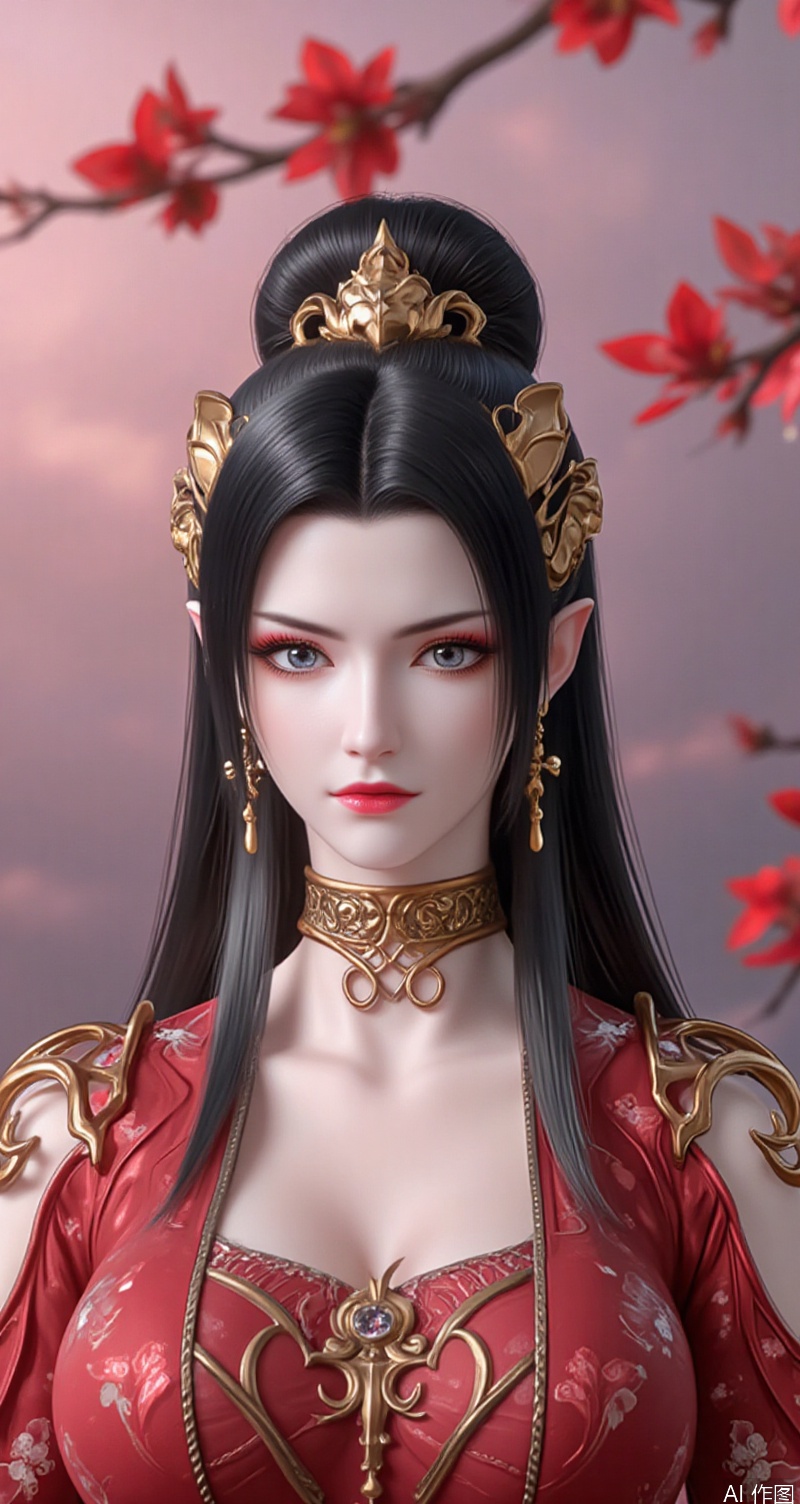 baoshi,lvjing,lvjing,meidusha,black hair,red eyeshadow,grey eyes,red_lips_,pointy_ears,long hair,serious,hair_ornament,1girl,solo,jewelry,earrings,blurry,chinese clothes,blurry background,flower,hair ornament,hanfu,long sleeves,floral print,hair bun,outdoors,looking at viewer,single hair bun,wide sleeves,closed mouth,makeup,collarbone,day,standing,red flower,cover,simple background,gradient_background,Close-up details,outstanding style,adding a touch of dimension to your images without compromising details,close-up,,lvjing,
