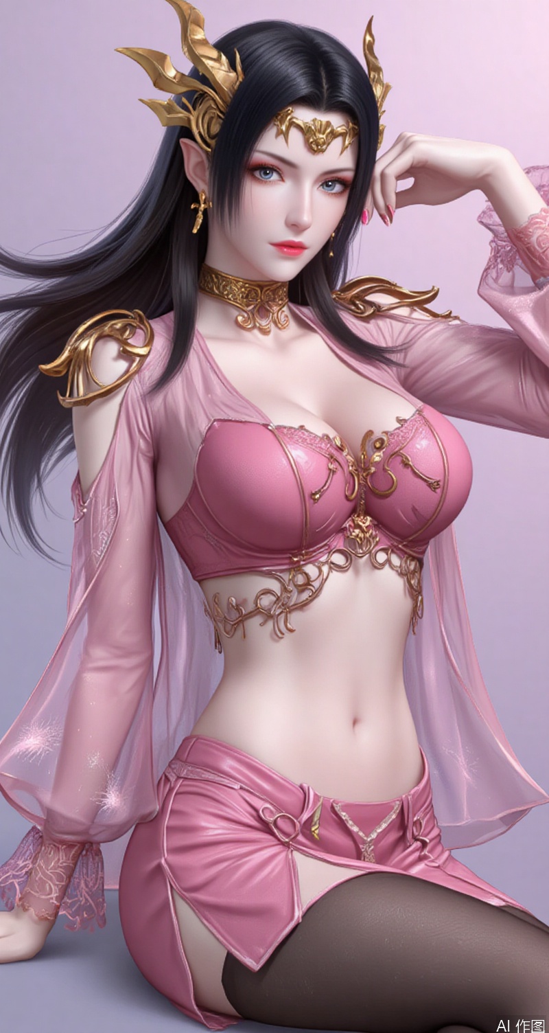 baoshi,lvjing,lvjing,meidusha,black hair,long hair,grey eyes,fair_skin,headpiece,pointy_ears,1girl,breasts,solo,navel,skirt,jewelry,large breasts,boa hancock,underwear,earrings,looking at viewer,bra,pantyhose,cleavage,collarbone,open clothes,sitting,pink skirt,closed mouth,stomach,forehead,black pantyhose,see-through,midriff,pencil skirt,arm support,thigh gap,lips,simple background,lace trim,miniskirt,pink bra,long sleeves,bangs,parted bangs,shirt,lace,open shirt,shiny clothes,lace-trimmed bra,cover,simple background,gradient_background,Close-up details,outstanding style,adding a touch of dimension to your images without compromising details,close-up,