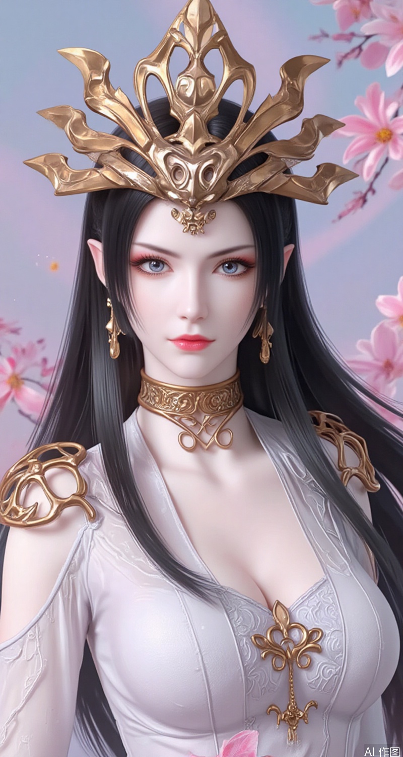 baoshi,lvjing,lvjing,meidusha,black hair,long hair,grey eyes,fair_skin,headpiece,pointy_ears,crown,1girl,hair ornament,white dress,dress,solo,earrings,jewelry,chinese clothes,flower,looking at viewer,see-through,hair flower,long sleeves,breasts,cover,simple background,gradient_background,Close-up details,outstanding style,adding a touch of dimension to your images without compromising details,close-up,