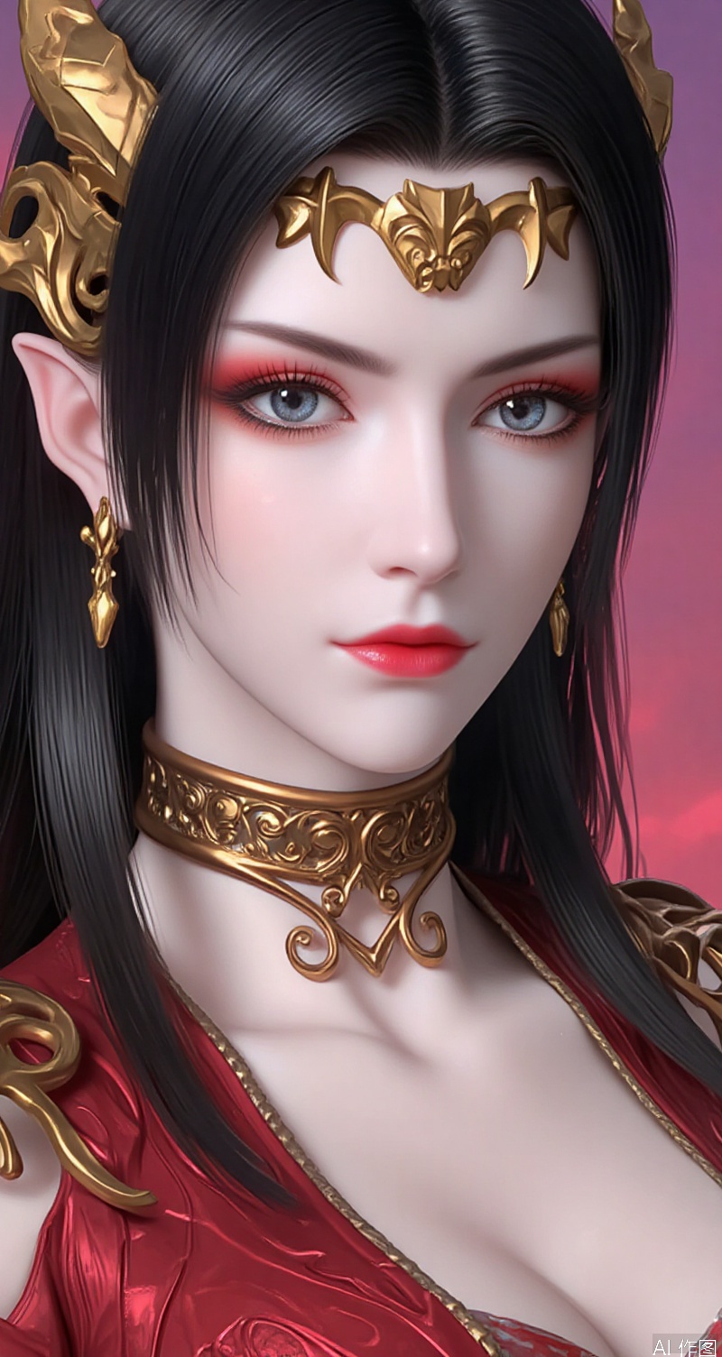 baoshi,lvjing,lvjing,meidusha,,1girl,solo,long hair,looking at viewer,black hair,red eyeshadow,red_lips_,hair ornament,jewelry,upper body,earrings,pointy ears,pale skin,cover,simple background,gradient_background,Close-up details,outstanding style,adding a touch of dimension to your images without compromising details,close-up