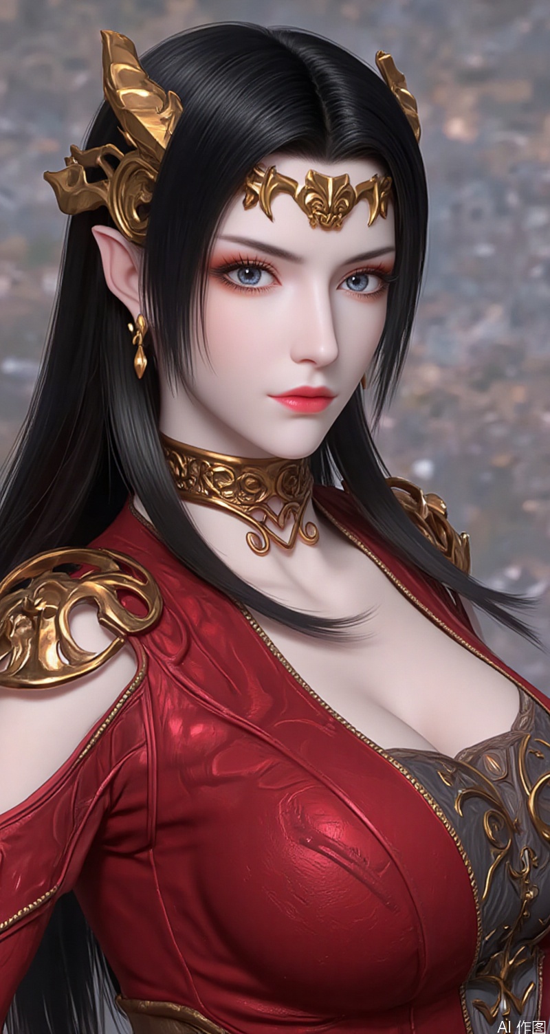 baoshi,lvjing,lvjing,meidusha,black hair,long hair,grey eyes,fair_skin,headpiece,pointy_ears,1girl,solo,black hair,jewelry,long hair,breasts,earrings,red dress,dress,hair ornament,hand on hip,looking at viewer,cleavage,Close-up details,outstanding style,adding a touch of dimension to your images without compromising details,close-up,