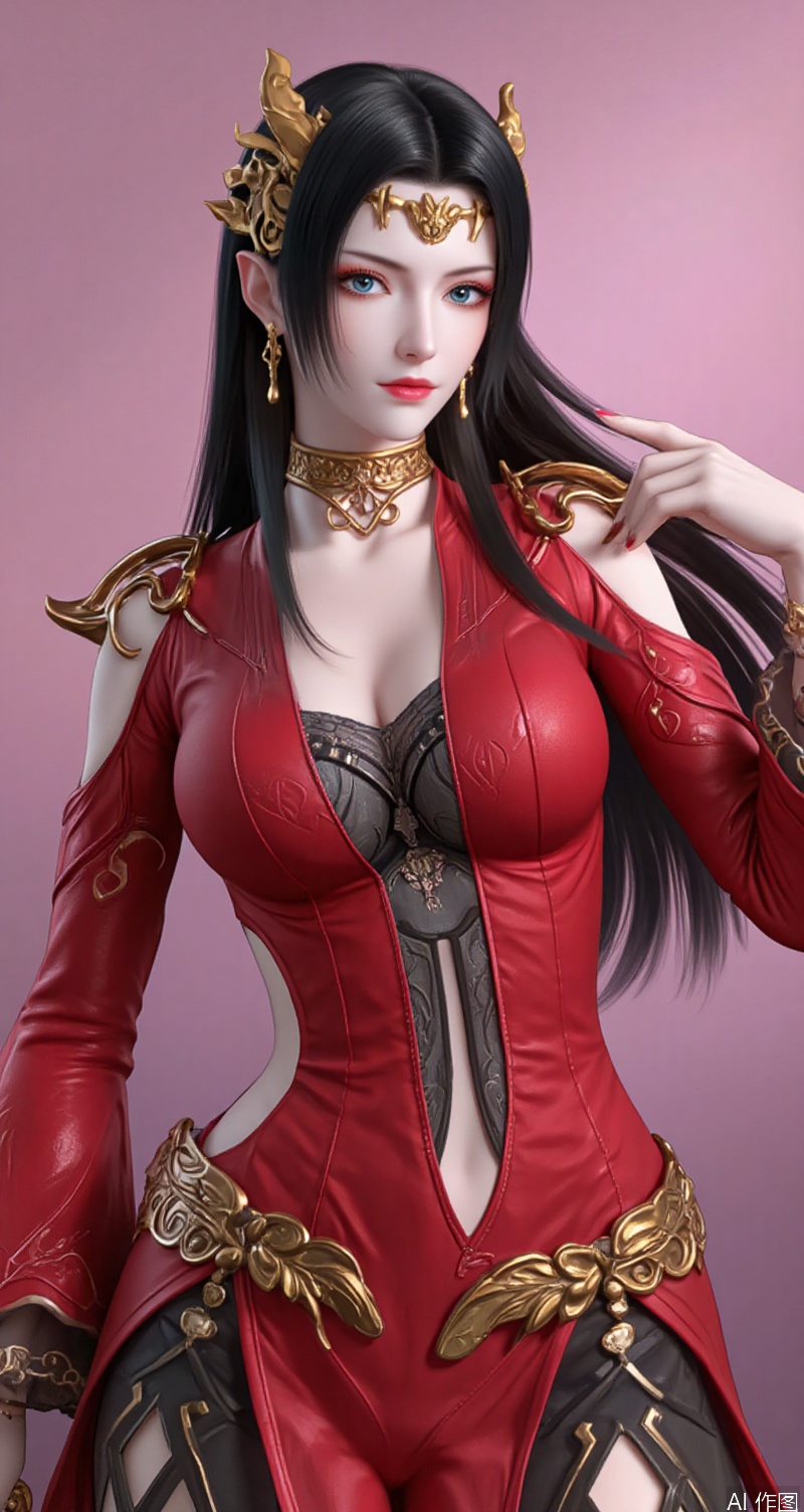 baoshi,lvjing,lvjing,meidusha,1girl,solo,black hair,jewelry,clothing cutout,long hair,breasts,earrings,red dress,dress,hair ornament,hand on hip,looking at viewer,cleavage,simple background,gradient_background,Close-up details,outstanding style,adding a touch of dimension to your images without compromising details,close-up