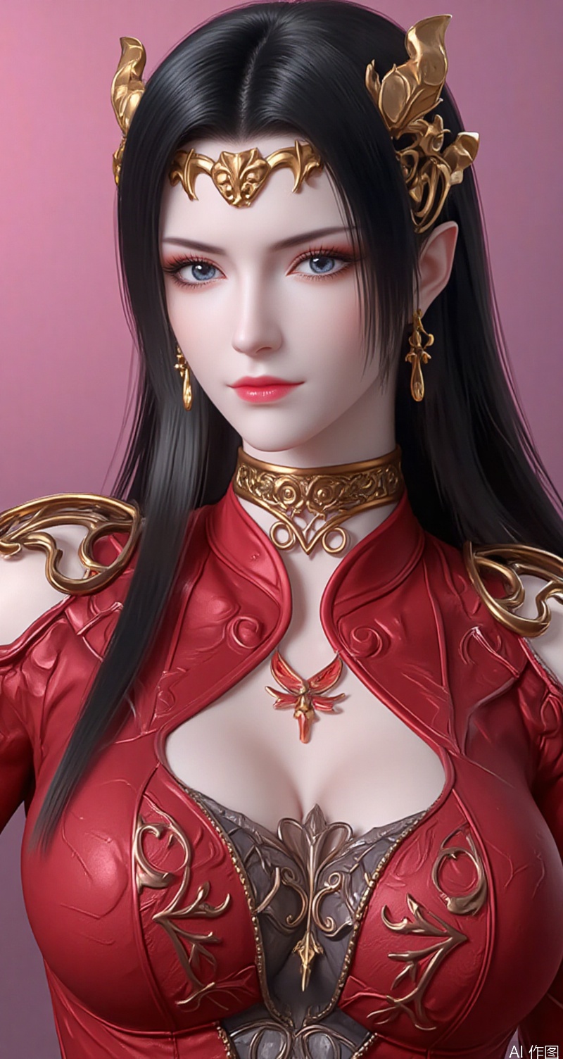 baoshi,lvjing,lvjing,meidusha,1girl,solo,black hair,jewelry,clothing cutout,long hair,breasts,earrings,red dress,dress,hair ornament,hand on hip,looking at viewer,cleavage,simple background,gradient_background,Close-up details,outstanding style,adding a touch of dimension to your images without compromising details,close-up