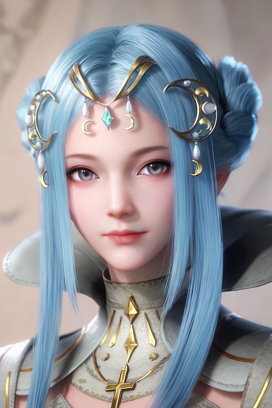 score_9, score_8_up, score_7_up,highly detailed digital,CG,1girl, solo, long hair, looking at viewer, hair ornament, closed mouth, blue hair, upper body, sidelocks, grey eyes, crescent