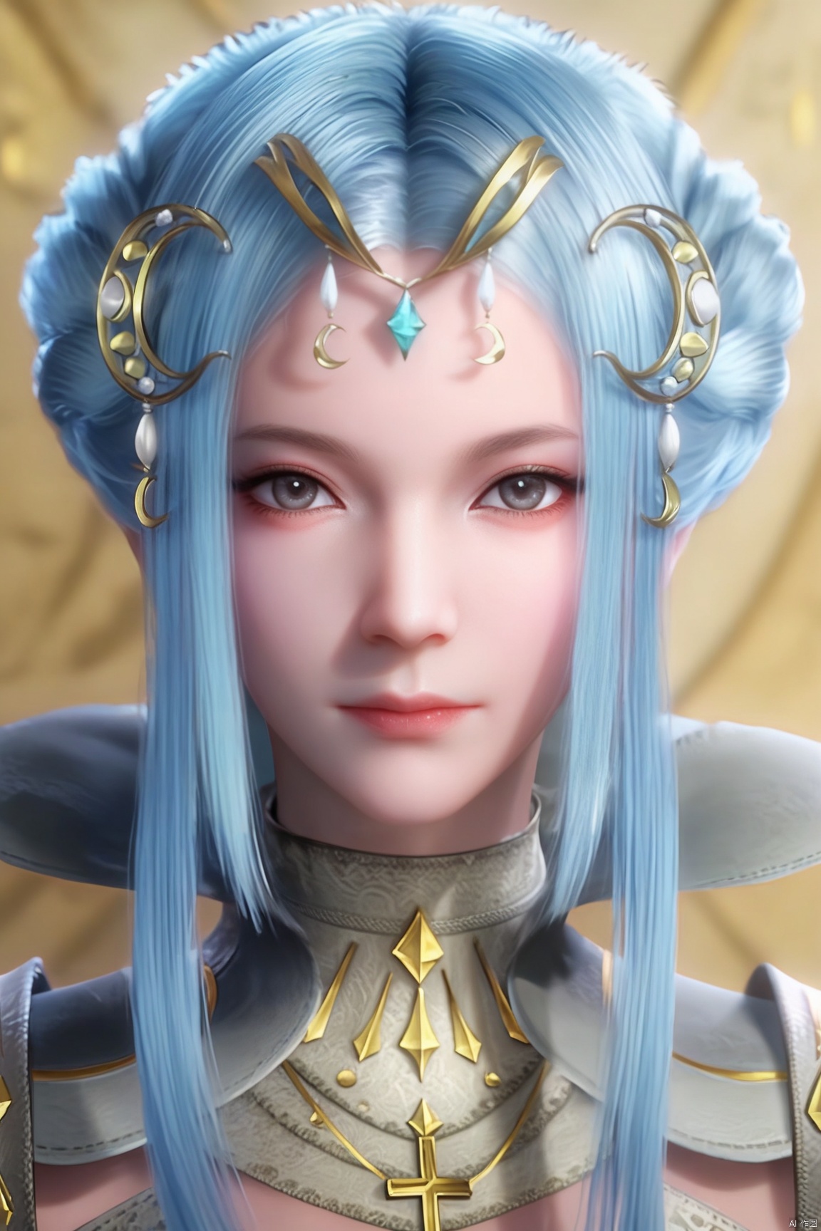 score_9, score_8_up, score_7_up,highly detailed digital,CG,1girl, solo, long hair, looking at viewer, hair ornament, closed mouth, blue hair, upper body, sidelocks, grey eyes, crescent