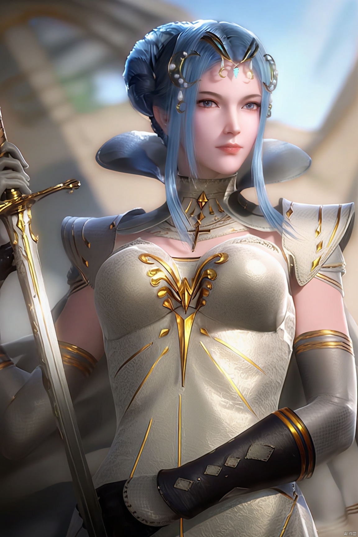 score_9, score_8_up, score_7_up,highly detailed digital,CG,1girl, solo, breasts, looking at viewer, blue eyes, hair ornament, gloves, dress, holding, medium breasts, closed mouth, blue hair, weapon, sidelocks, elbow gloves, sword, hair bun, cape, holding weapon, lips, realistic