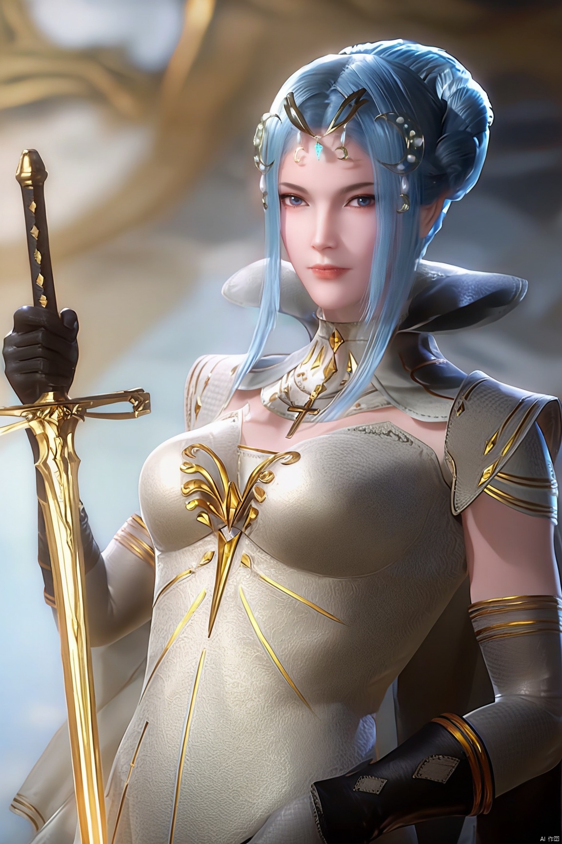 score_9, score_8_up, score_7_up,highly detailed digital,CG,1girl, solo, breasts, looking at viewer, blue eyes, hair ornament, gloves, dress, holding, medium breasts, closed mouth, blue hair, weapon, sidelocks, elbow gloves, sword, hair bun, cape, lips, realistic