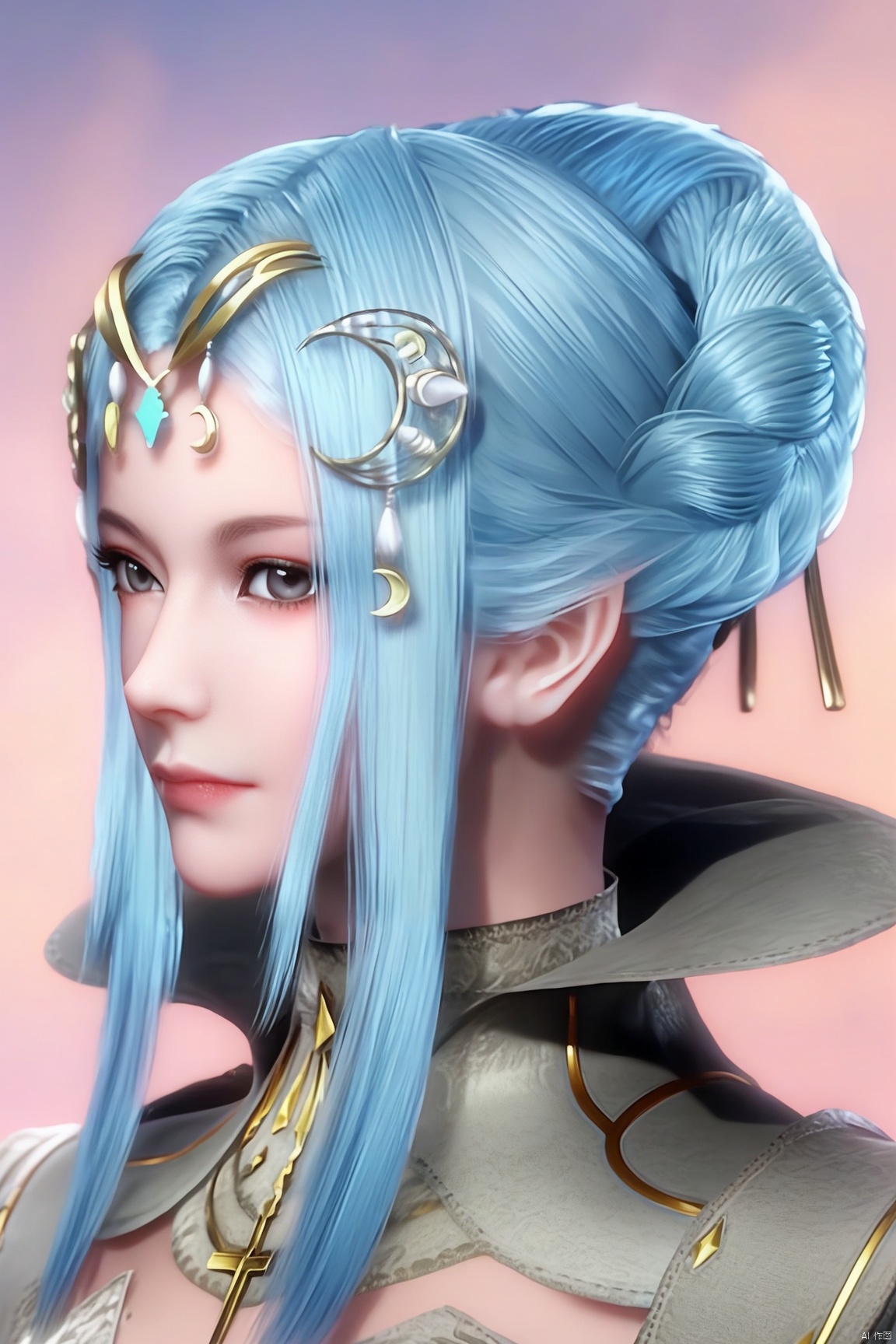 score_9, score_8_up, score_7_up,highly detailed digital,CG,1girl, solo, long hair, looking at viewer, hair ornament, closed mouth, blue hair, upper body, sidelocks, grey eyes, crescent