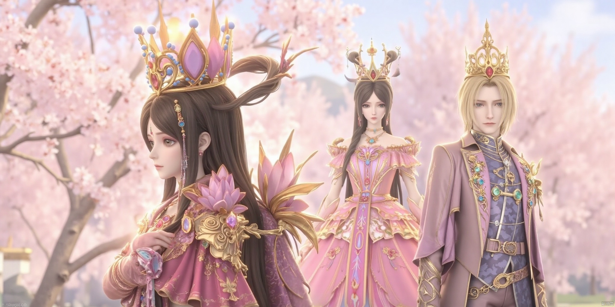 One man and one woman, one left and one right, back to back, and the boy on the right stands sideways behind ((solo, watching the audience, blond hair, long sleeves, standing, male focus, belt, suit, trousers, armor, crown, jewel)). The girl on the left stands sideways in front ((1 girl, solo, long hair, looking at the audience, black hair, gloves, dress, brown eyes, jewelry, crown, pink dress, hair band)) lotus, branches, cherry blossoms.