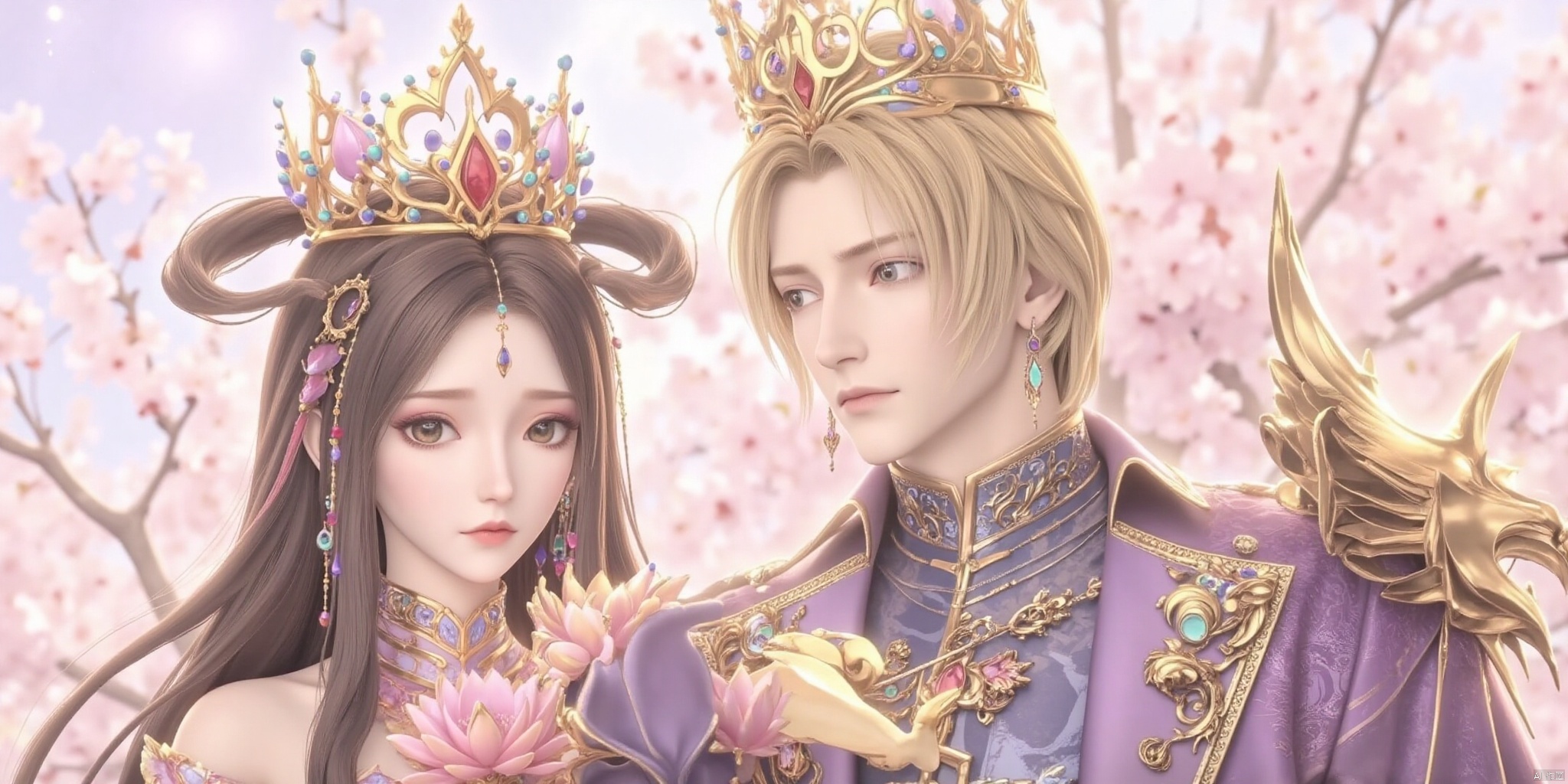 One man and one woman, one left and one right, back to back, and the boy on the right stands sideways behind ((solo, watching the audience, blond hair, long sleeves, standing, male focus, belt, suit, trousers, armor, crown, jewel)). The girl on the left stands sideways in front ((1 girl, solo, long hair, looking at the audience, black hair, gloves, dress, brown eyes, jewelry, crown, pink dress, hair band)) lotus, branches, cherry blossoms.