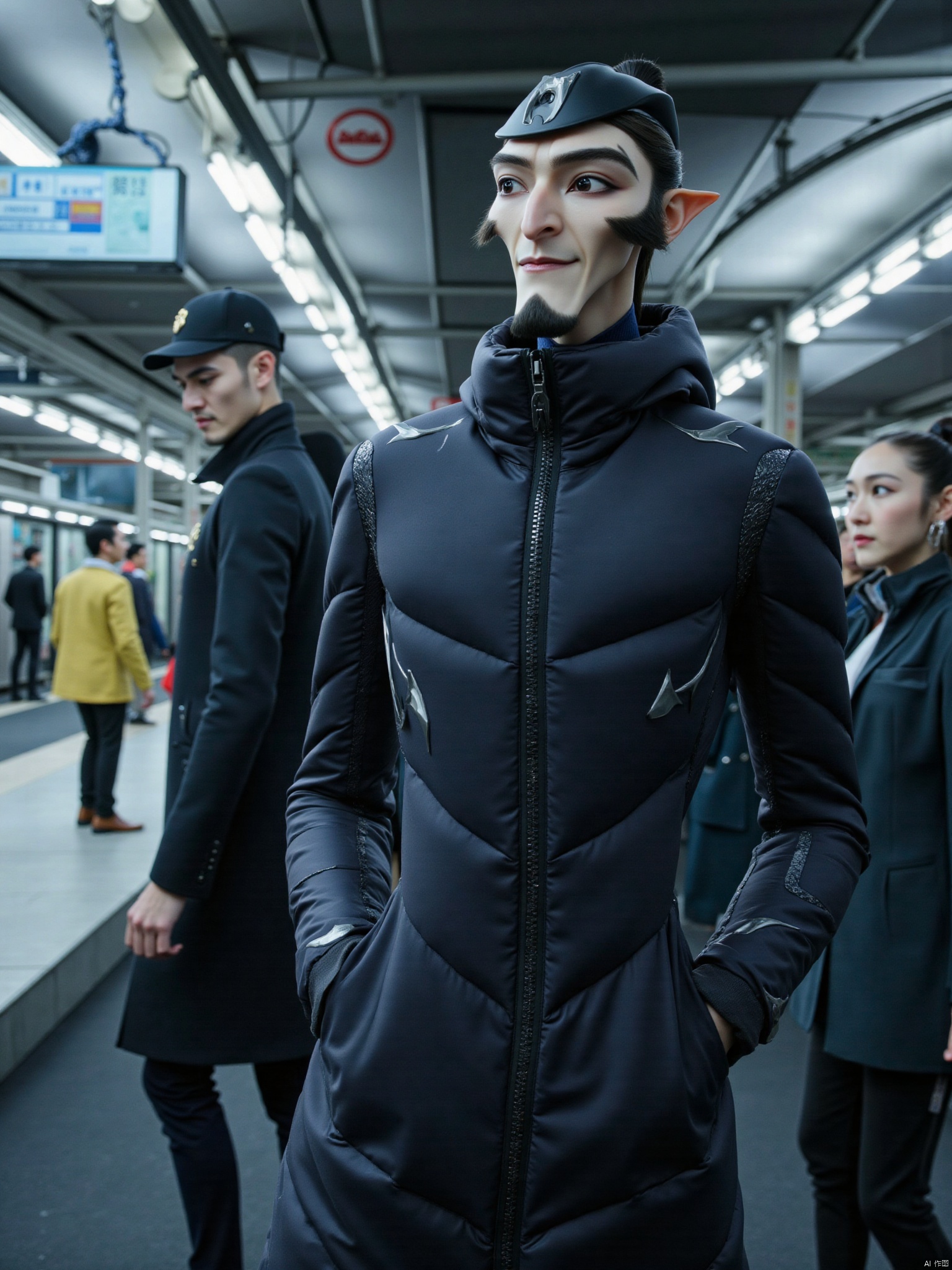 1boy, At the bustling subway platform, Shen Gongbao stood there with a cold face. He was wearing a long black down jacket, and the hat was pulled low, covering most of his face, revealing only a pair of sharp eyes. He put his hands in his pockets, his eyes wandering between the crowd around him and the subway line map, his expression a little anxious and a little impatient. The sound of the subway entering the station came. He straightened his body slightly and prepared to get on the bus. In this hasty subway station, his indifference and unique temperament made people look at him.