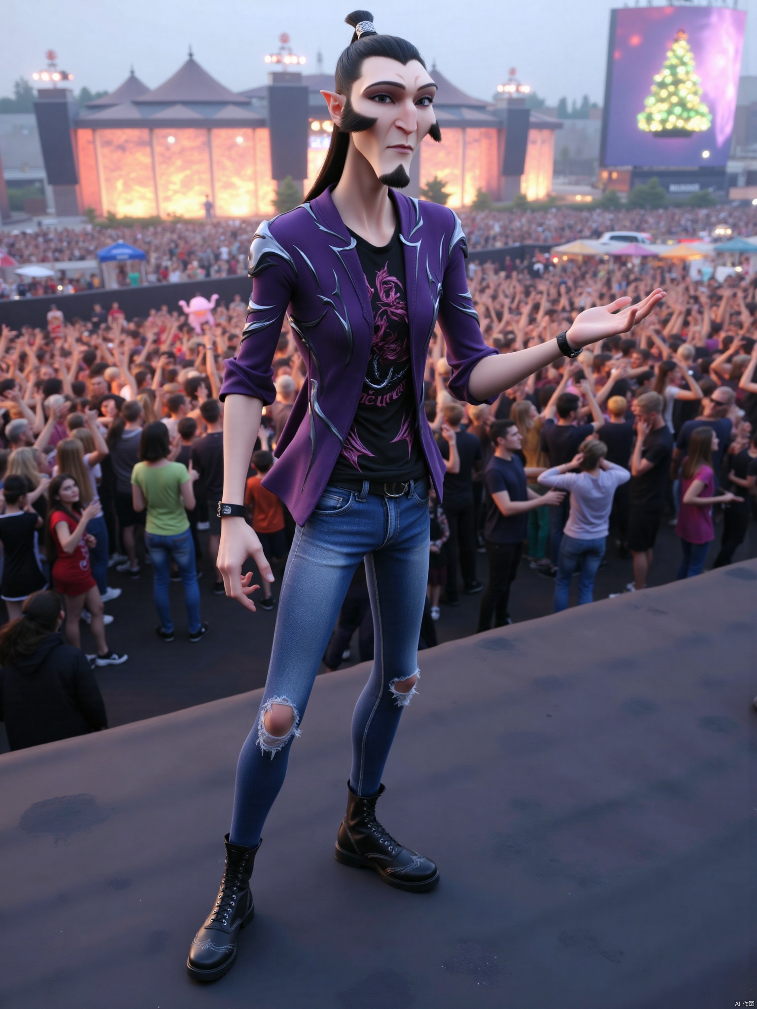 1boy, At the bustling music festival scene, Shen Gongbao stood on the edge of the crowd. He had a look of excitement and a little confused on his face. He wore a black T-shirt with a bizarre pattern, a purple denim jacket on the outside, ripped jeans and a pair of black Martin boots on the bottom. His hair fluttered in the wind, his eyes stared at the band on the stage, shaking his body unconsciously to the rhythm of the music. Occasionally, a hint of embarrassing smile was revealed due to the enthusiastic interaction of the crowd around him, but he quickly returned to his focused expression. In this passionate music festival, he worked hard to integrate and maintain his uniqueness.