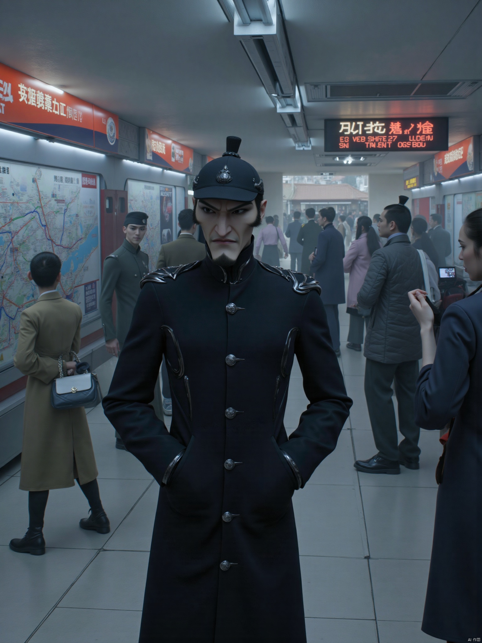 1boy, At the bustling subway platform, Shen Gongbao stood there with a cold face. He was wearing a long black down jacket, and the hat was pulled low, covering most of his face, revealing only a pair of sharp eyes. He put his hands in his pockets, his eyes wandering between the crowd around him and the subway line map, his expression a little anxious and a little impatient. The sound of the subway entering the station came. He straightened his body slightly and prepared to get on the bus. In this hasty subway station, his indifference and unique temperament made people look at him.