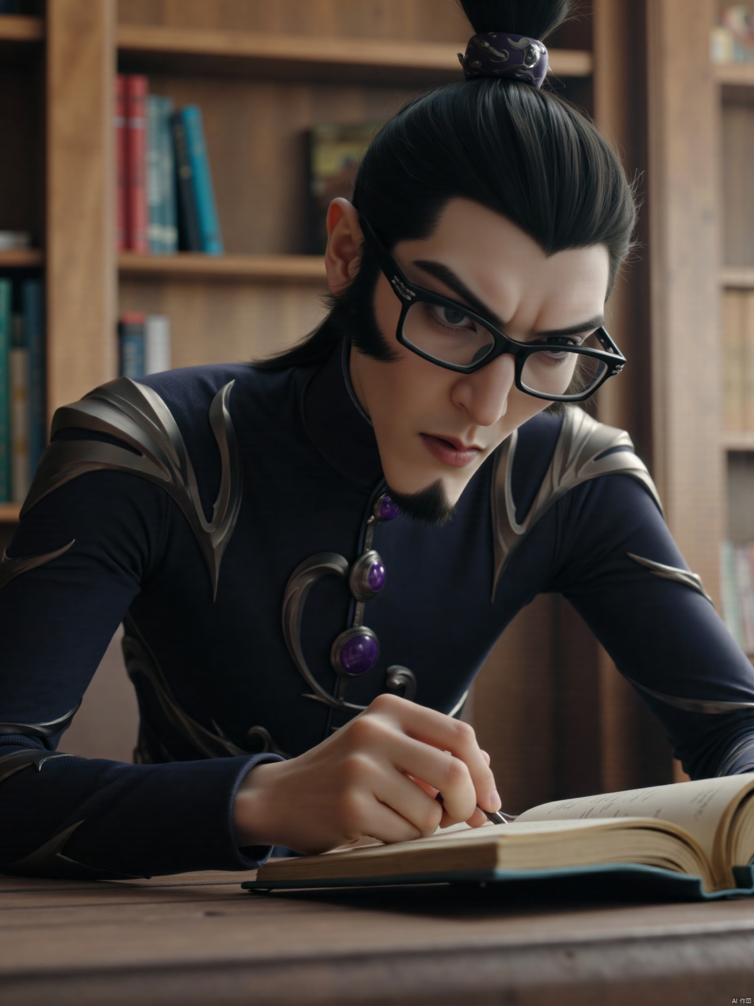 1boy, Shen Gongbao is in the quiet library, with a serious look on his face. He was wearing a neat dark gray Zhongshan outfit with a purple button on the neckline, which looked very energetic. He wore a pair of black-framed glasses and focused on his eyes, selecting books he was interested in. After finding the book he liked, he walked to the corner and sat down, gently flipping the pages, his brows sometimes frowned, sometimes stretched, immersed in the ocean of knowledge. His expression was filled with a desire and persistence for knowledge. In this quiet library, he seemed to be isolated from the outside world and enjoyed the time of reading alone.