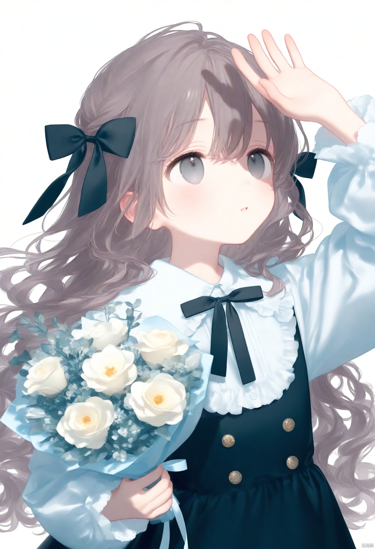1girl, bouquet, solo, flower, holding bouquet, long hair, holding, long sleeves, shirt, brown hair, looking up, dress, white shirt, frills, white flower, shading eyes, rose, white rose, hair bow, black dress, bow, parted lips, grey eyes, collared shirt, ribbon, arm up, puffy long sleeves, black bow, simple background, wavy hair, holding flower, puffy sleeves, frilled shirt collar, white background, watermark, buttons, hair between eyes, cowboy shot, hair ribbon, looking afar, frilled dress, standing, pinafore dress, sleeveless dress, hand up, artist name