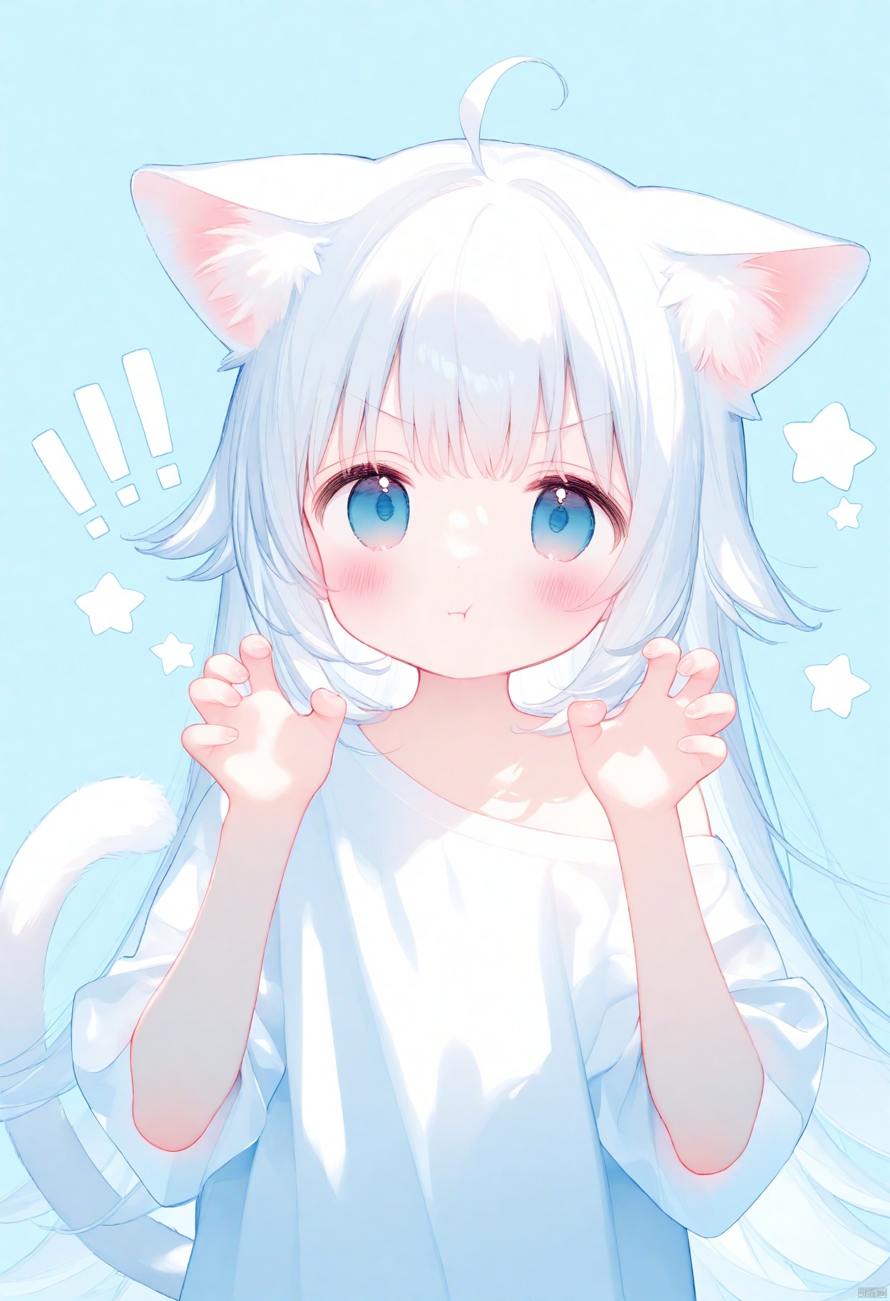 1girl, solo, long hair, looking at viewer, blush, bangs, blue eyes, simple background, shirt, animal ears, very long hair, closed mouth, tail, white shirt, ahoge, white hair, short sleeves, cat ears, off shoulder, star \(symbol\), v-shaped eyebrows, cat tail, animal ear fluff, hands up, blue background, cat girl, !, :t, pout, claw pose, !!, oversized shirt