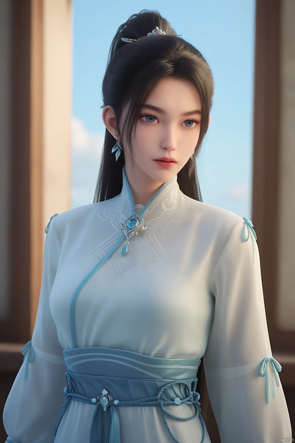 score_9_up,score_8_up,score_7_up,1girl, solo, long hair, black hair, long sleeves, dress, jewelry, upper body, ponytail, earrings, sky, white dress, blue sky, window, chinese clothes,NingYao